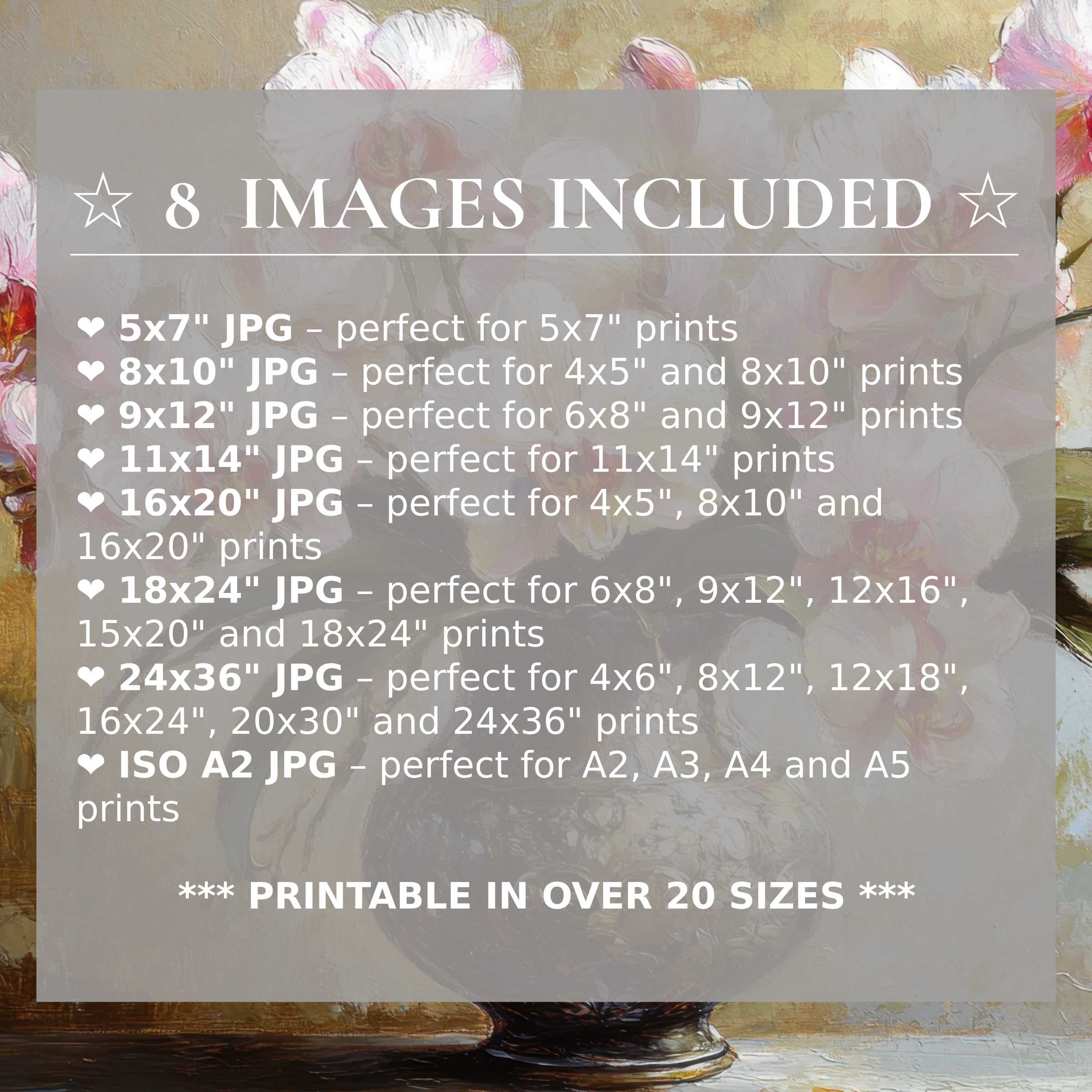 Floral digital print radiates soft pink and creamy white blooms with serene green accents, elevating modern interiors in 8 high-quality sizes