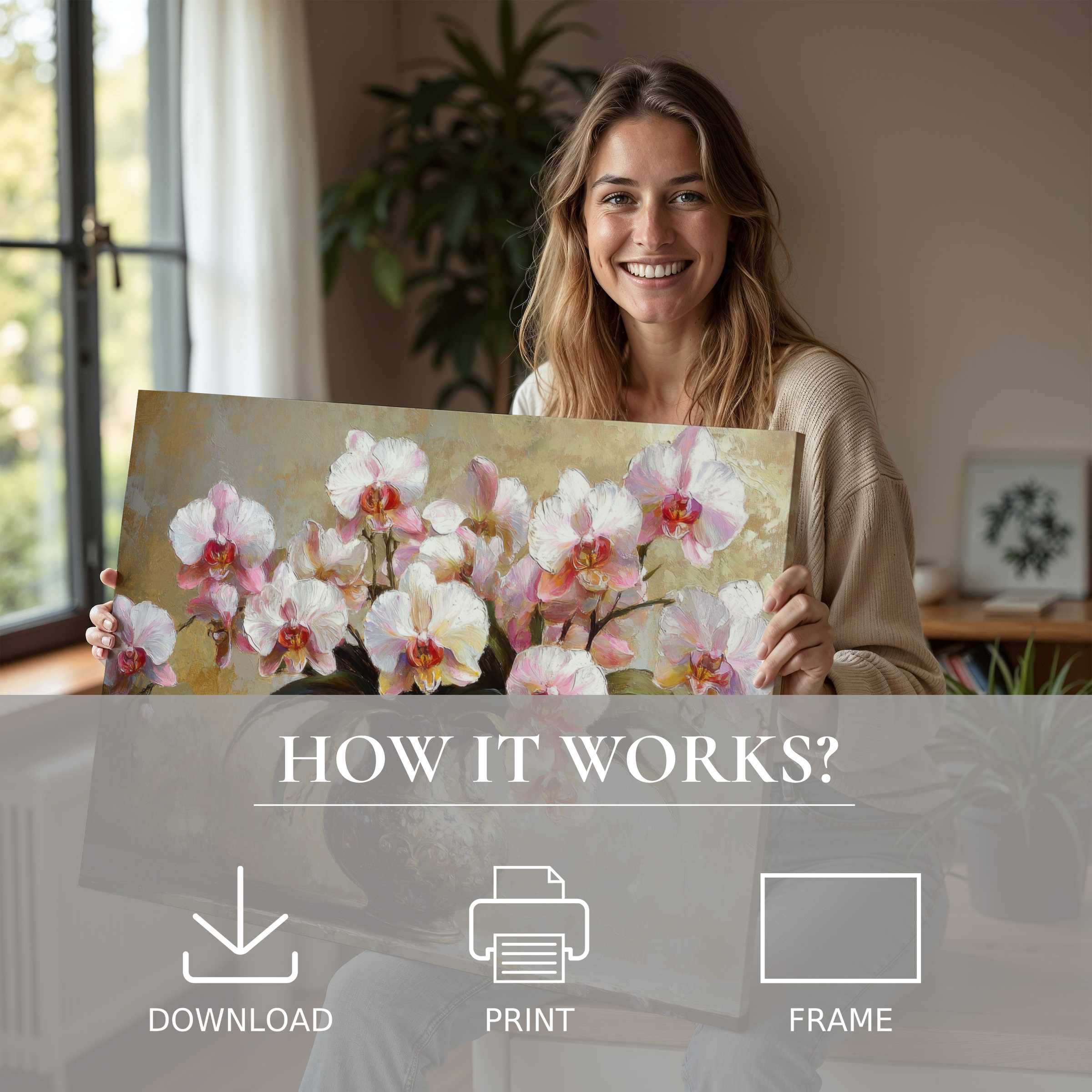 A radiant moment unfolds as a woman in a chic living space embraces a floral digital art print, its soft pink and white orchids breathing life and joy into her modern home