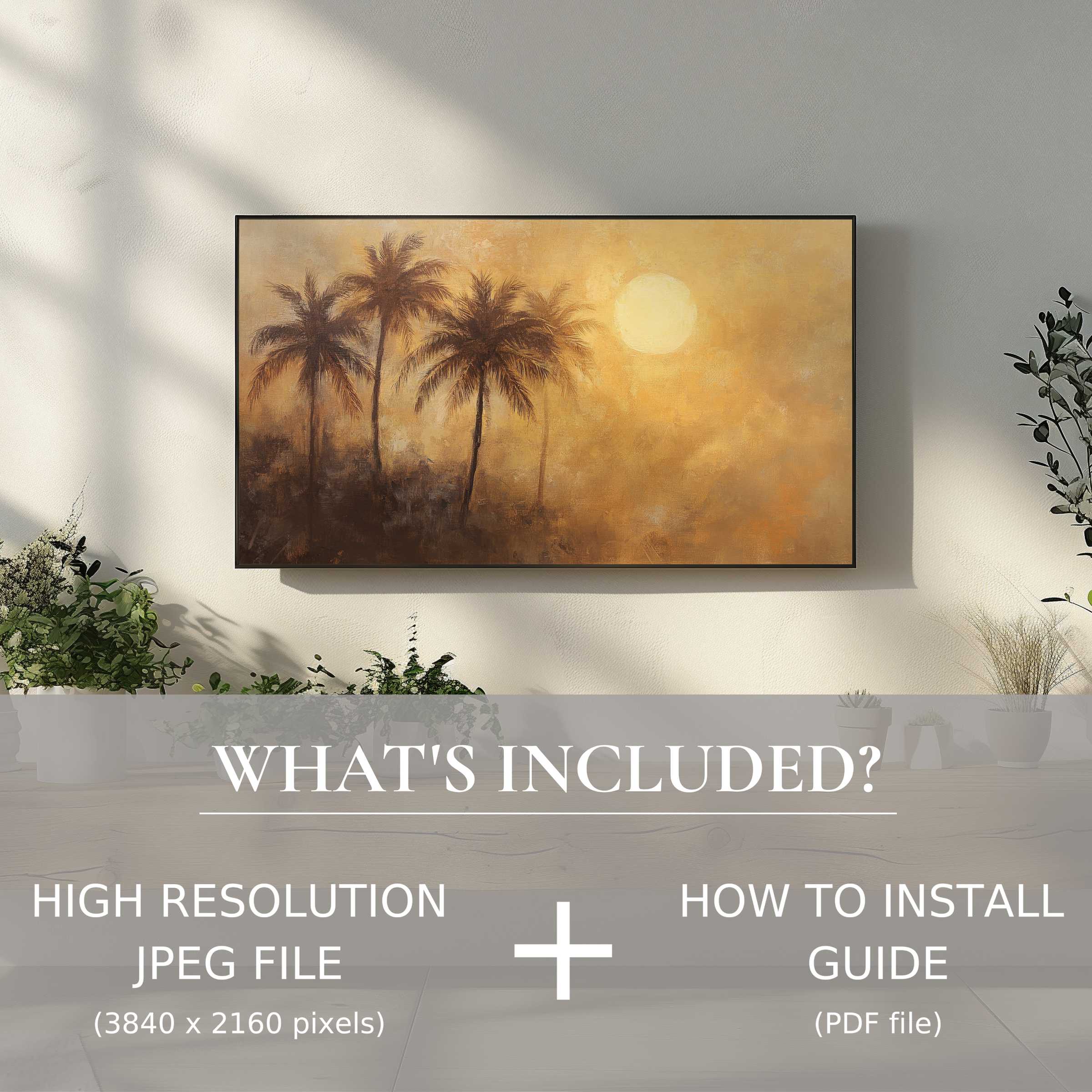 Elegant summer digital TV art download with palm sunset enhances living space; easy digital use with guide included