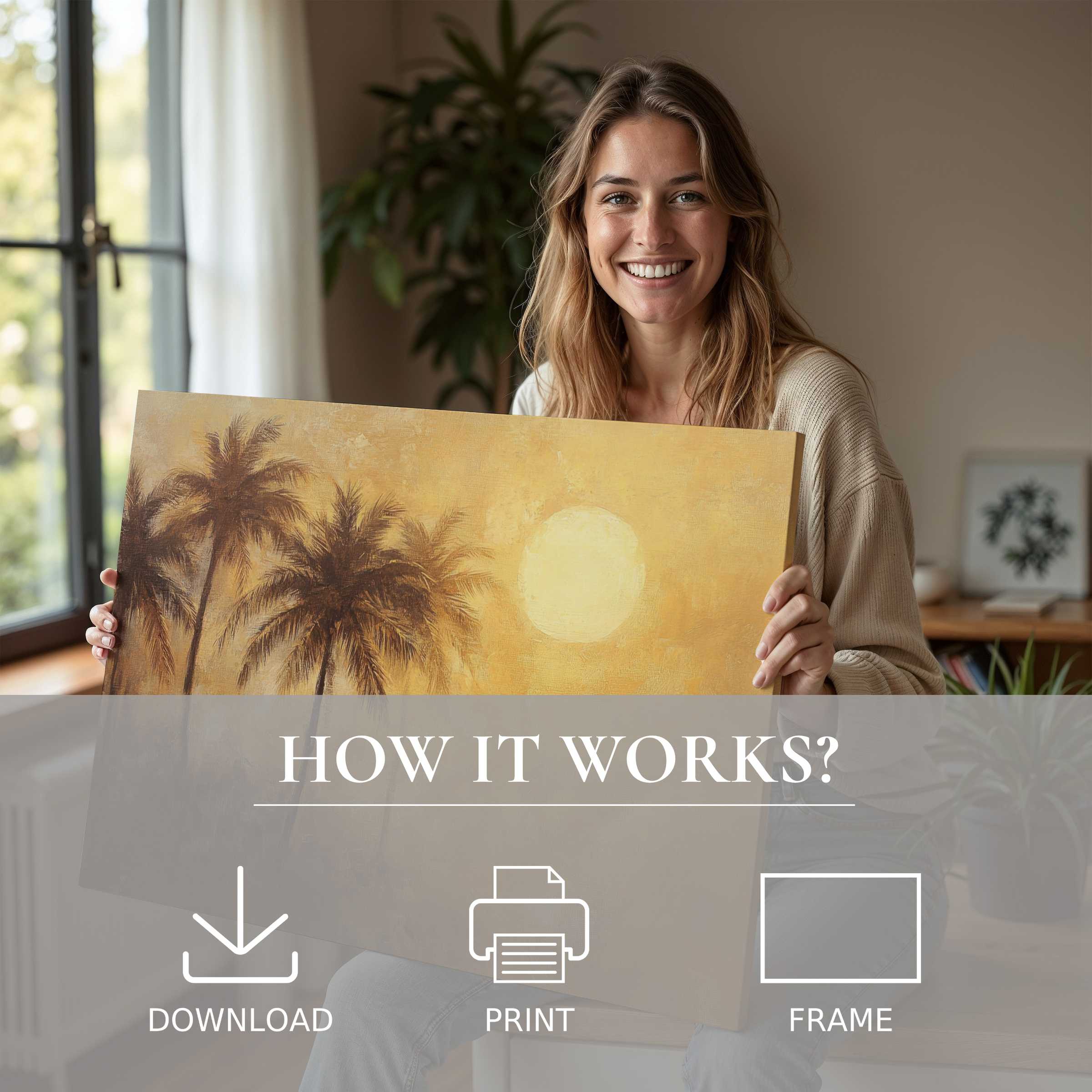 Radiant summer digital art print embraced in a serene modern home, evoking joy and effortless elegance through connection with art