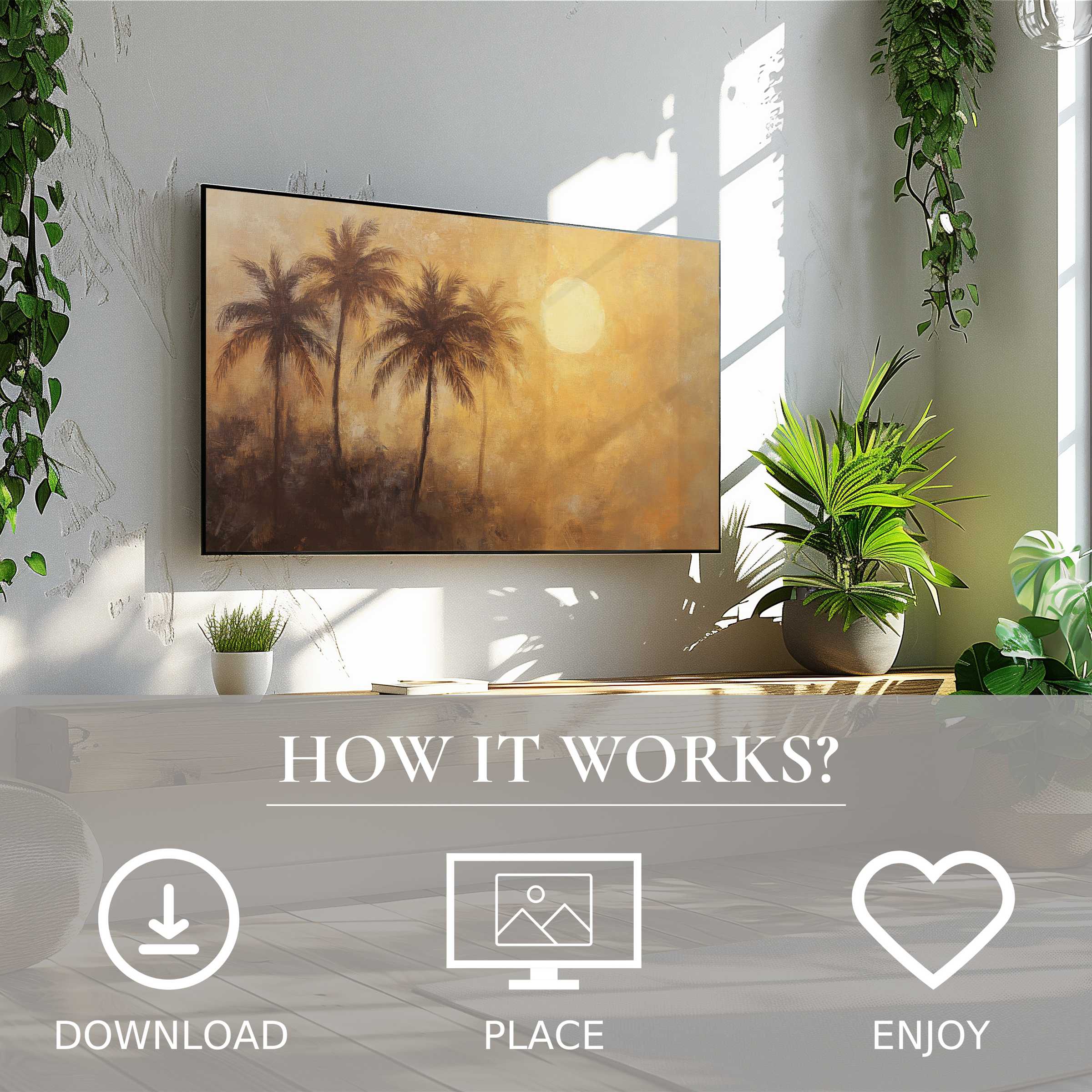Summer art for Samsung TV shows soft sunset tones with palm trees; easy digital download enriches modern living spaces