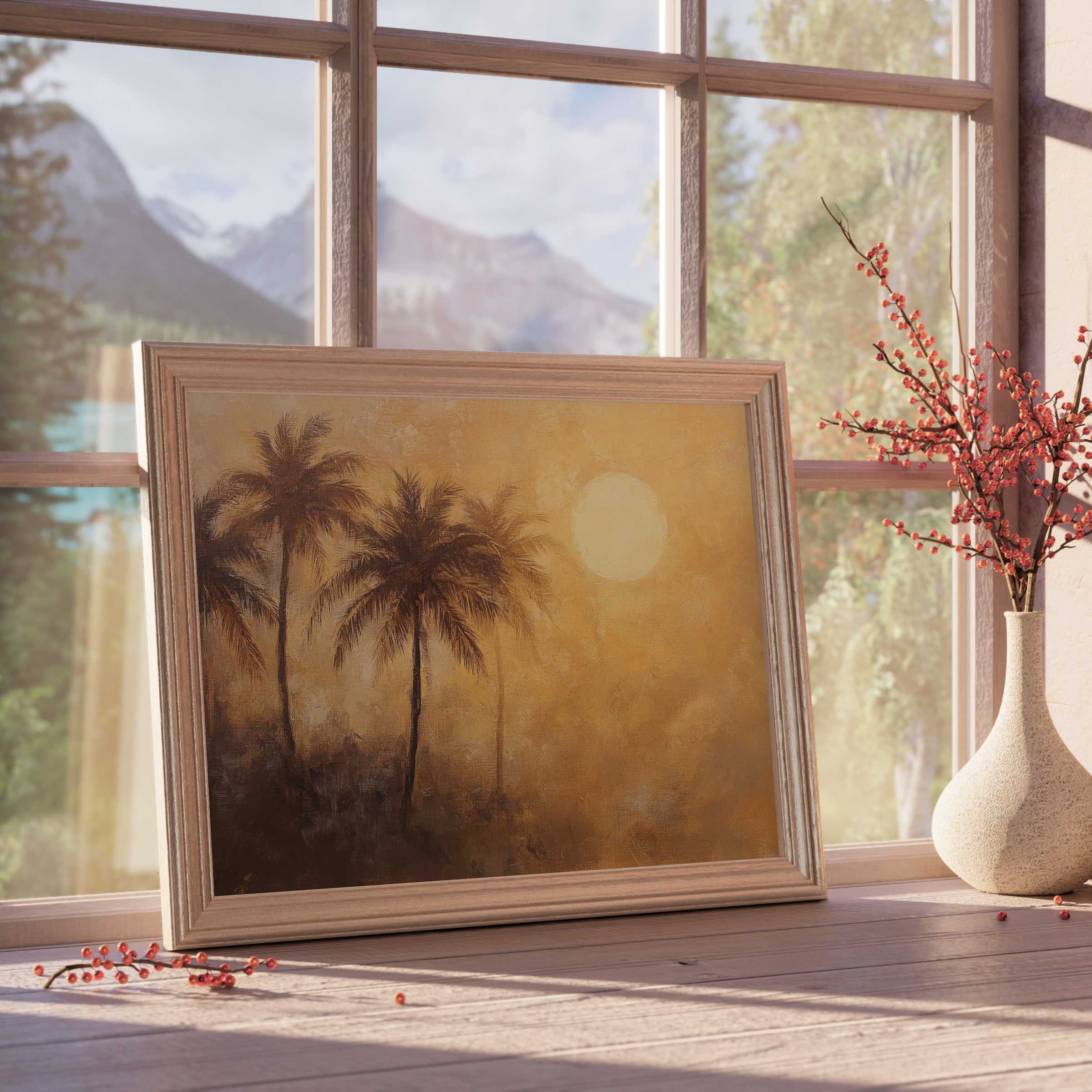 Summer downloadable art capturing a warm, tranquil tropical sunset with palm silhouettes, perfect for refined, serene interiors