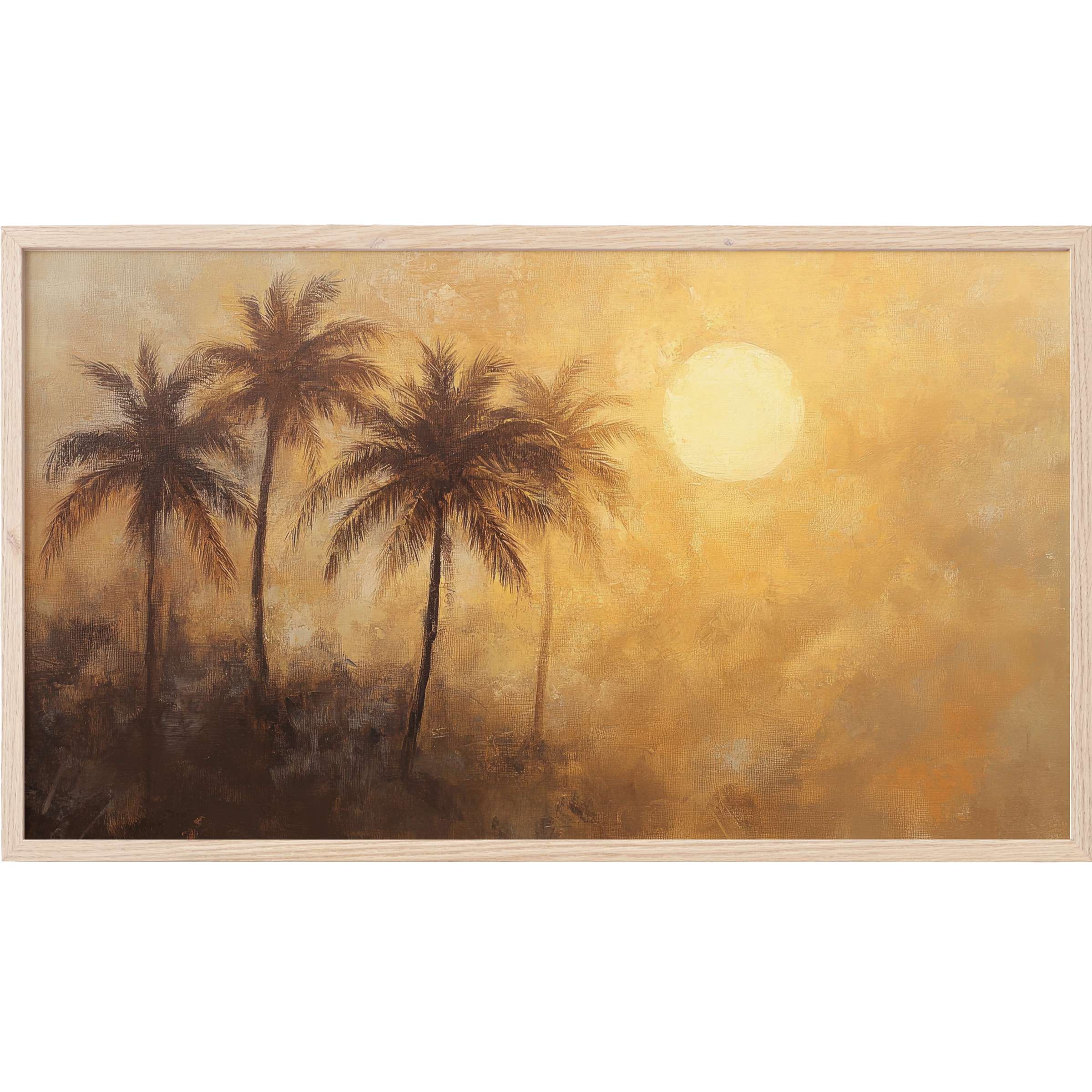 Elegant summer Frame TV Art featuring silhouetted palm trees in warm golden and brown hues at sunset