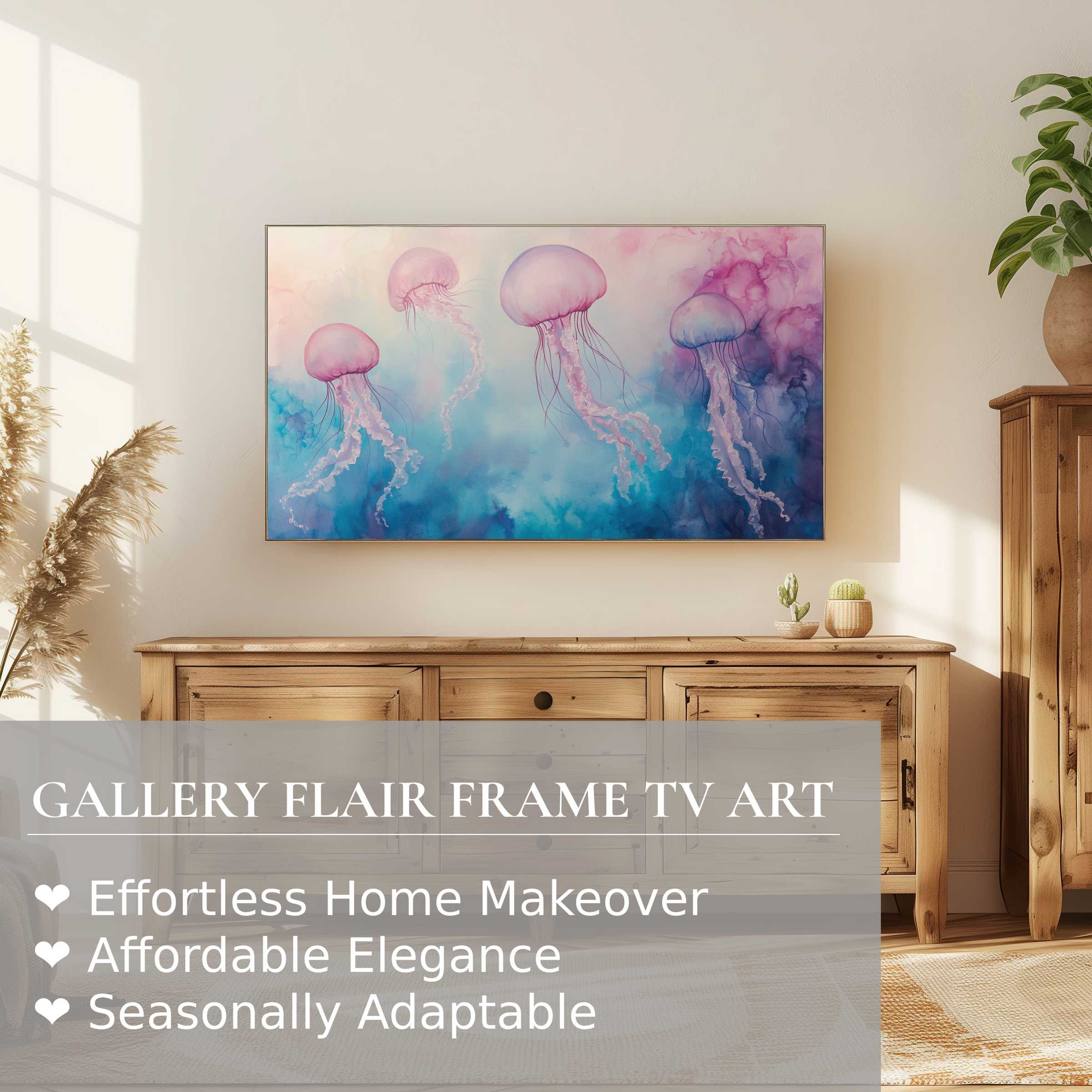 Samsung Frame TV displaying serene jellyfish nursery digital artwork in a modern, airy living space