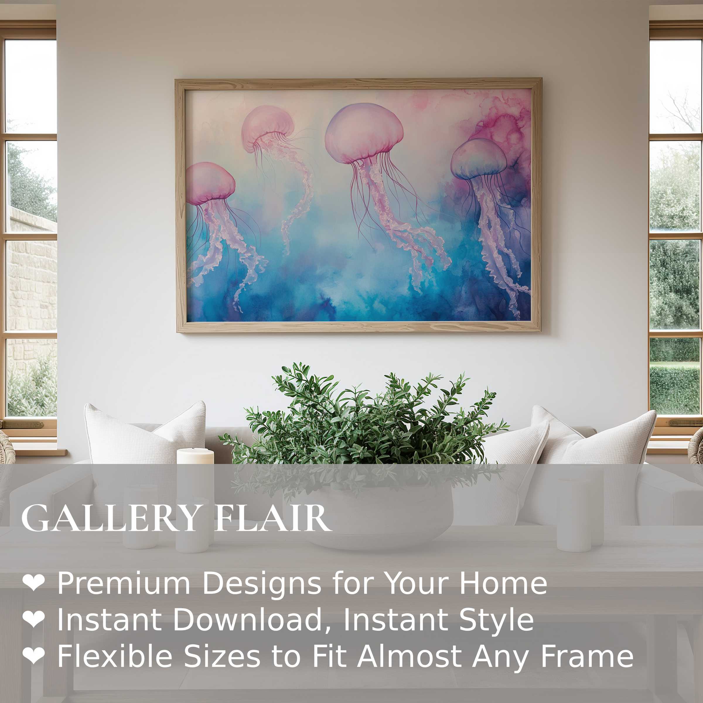 Nursery wall art print featuring serene pink jellyfish in soft pastel blues, enhancing calm, modern coastal nursery decor with gentle aquatic charm