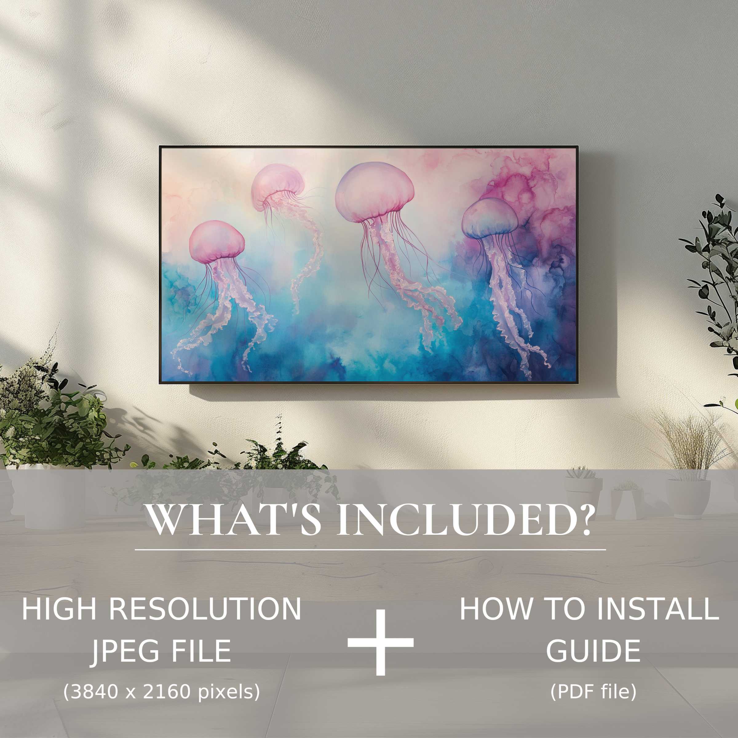 Elegant nursery digital TV art download with jellyfish; easy digital use enhances modern living spaces effortlessly