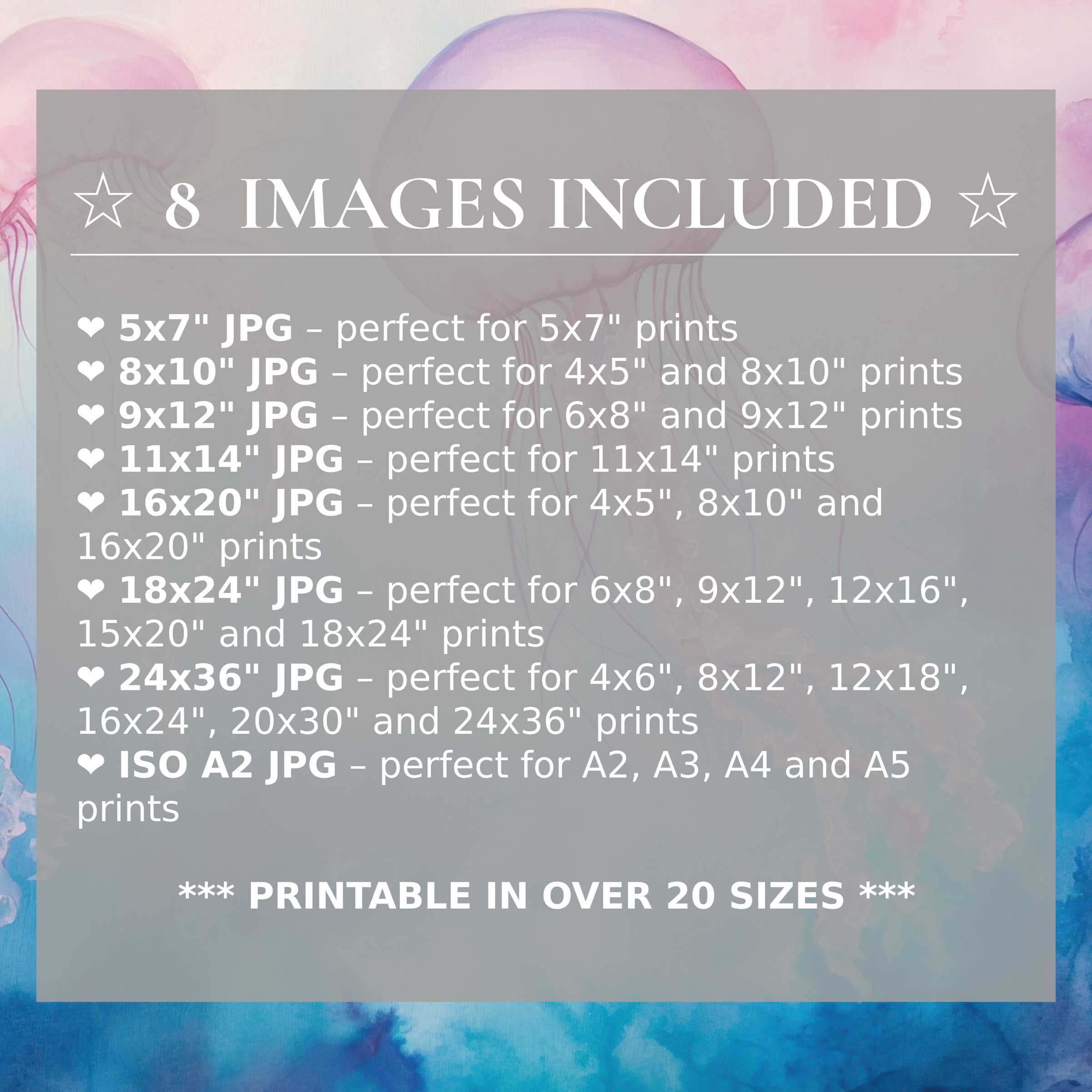 Nursery digital print featuring radiant pink and blue jellyfish, delivering calming elegance in 8 high-quality sizes included