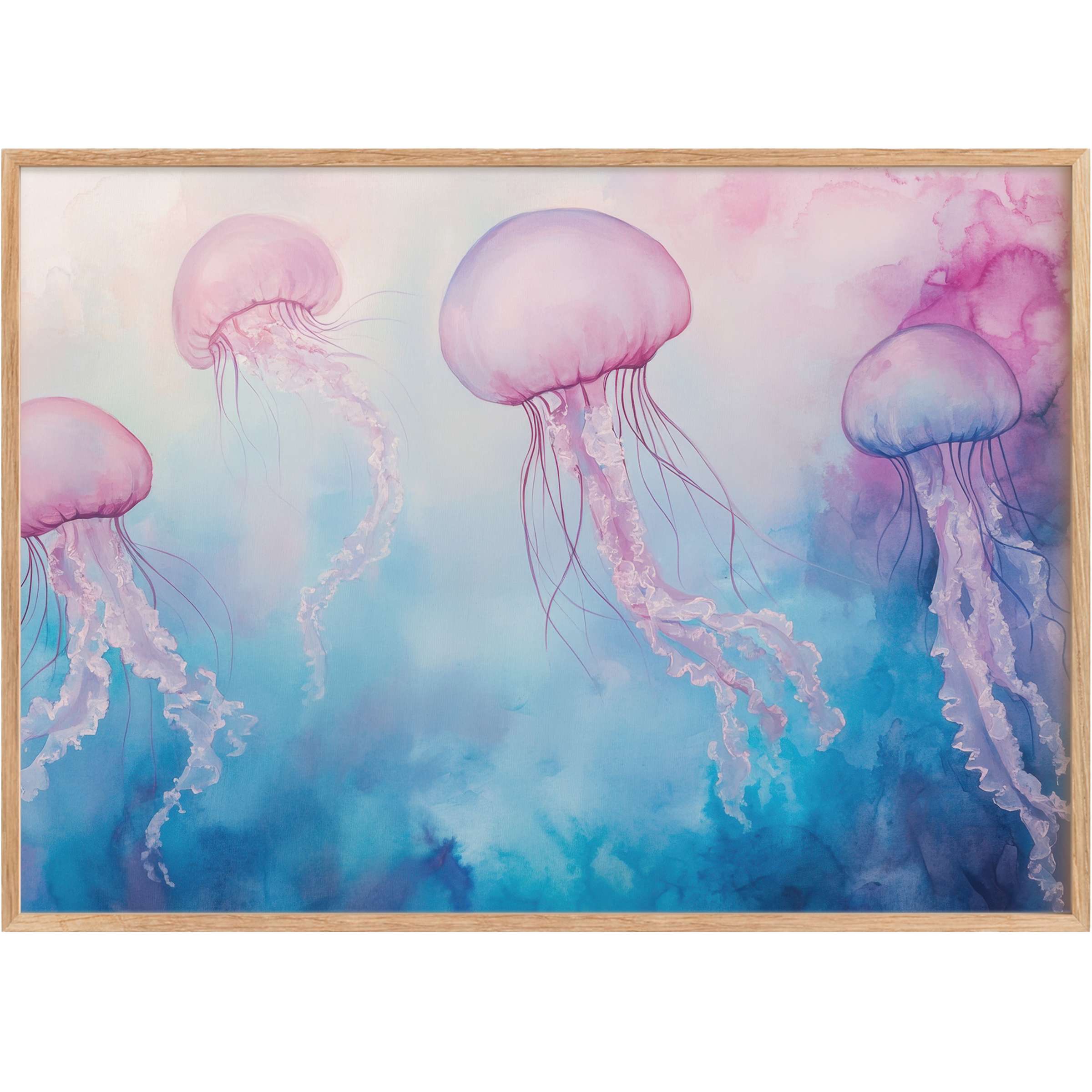 Ethereal nursery printable wall art with soft pink jellyfish drifting through calming blue and lavender hues, inspiring serene sophistication