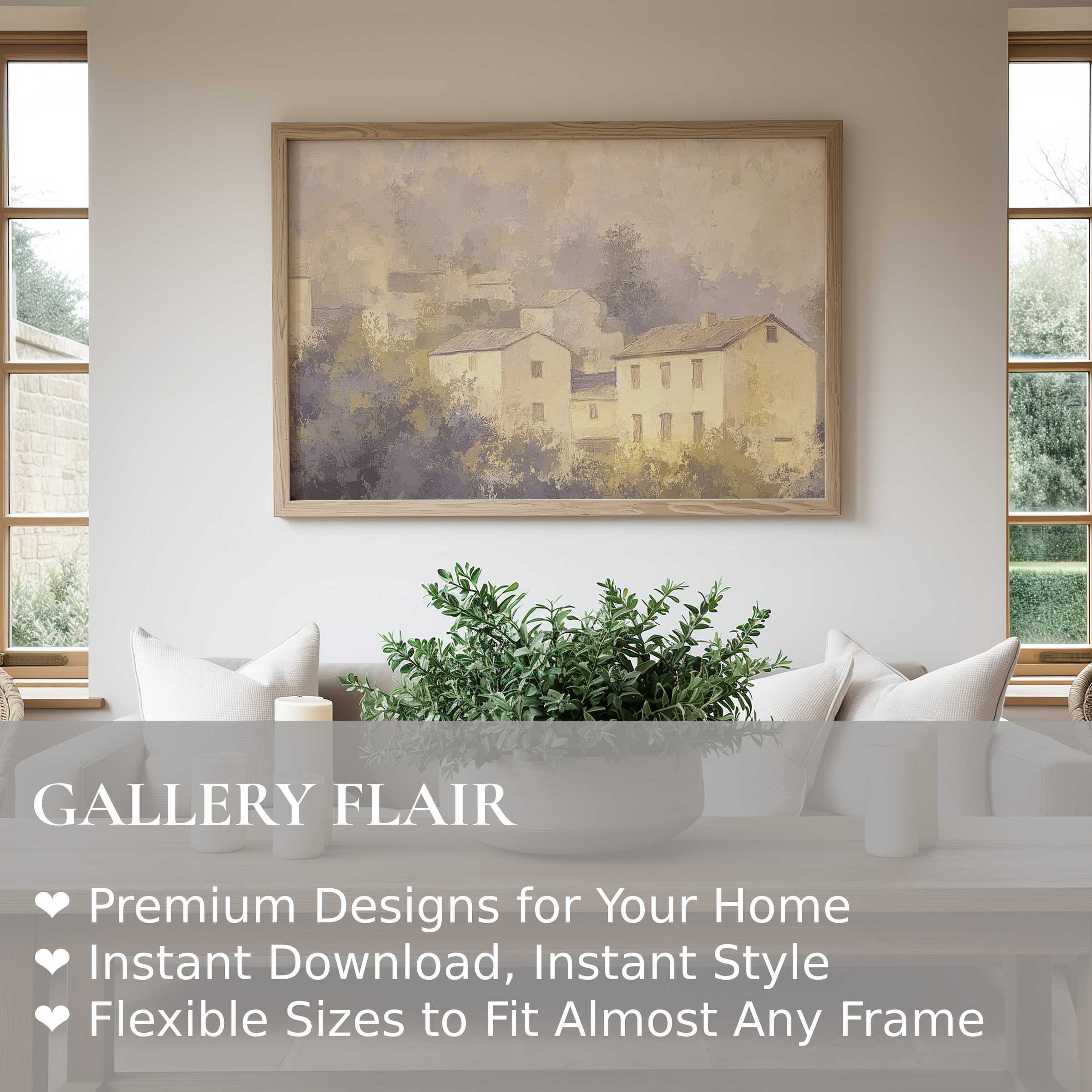 Vintage wall art print capturing a soft, radiant village scene with muted tones, enhancing serene modern farmhouse interiors