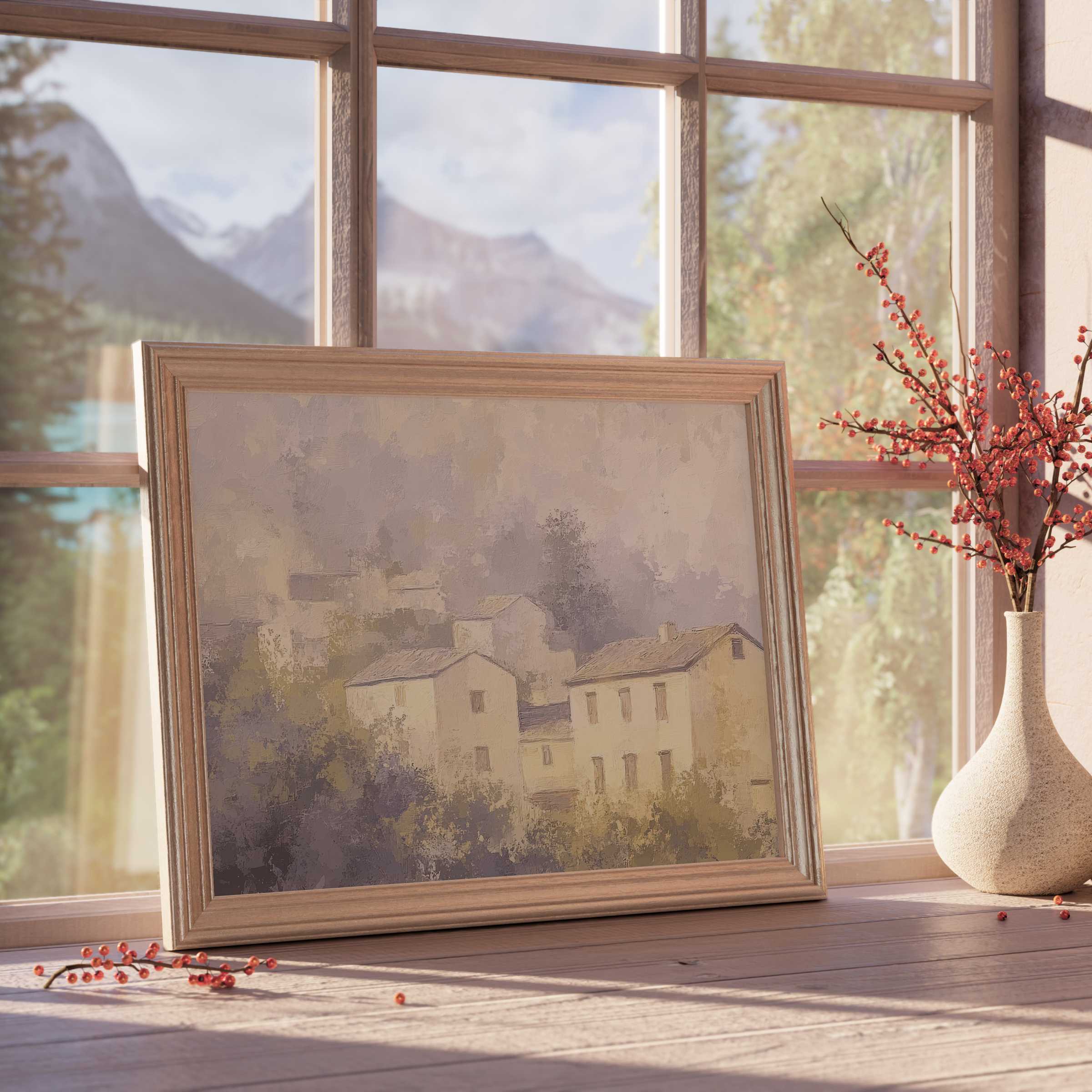 Vintage downloadable art depicting serene countryside homes in soft, muted tones, perfect for curated, tranquil interiors