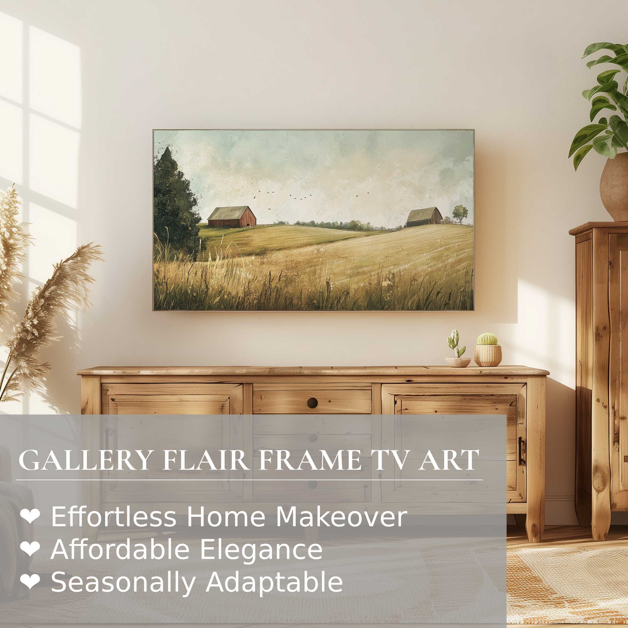 Samsung Frame TV displaying serene landscape digital artwork in a cozy, sunlit rustic-modern living space