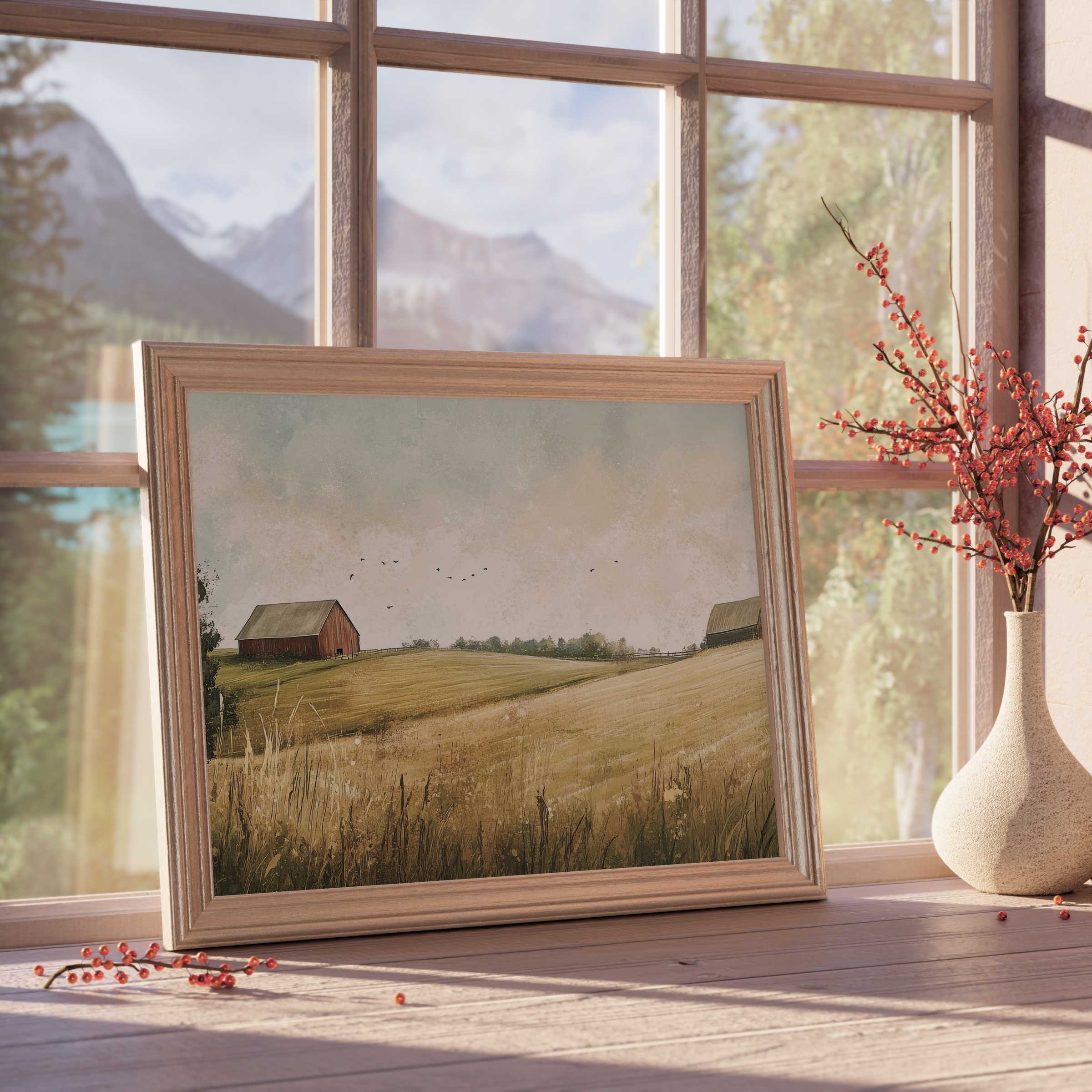 Serene landscape downloadable art capturing golden fields and rustic barns, infusing tranquil warmth and natural charm into curated, modern interiors