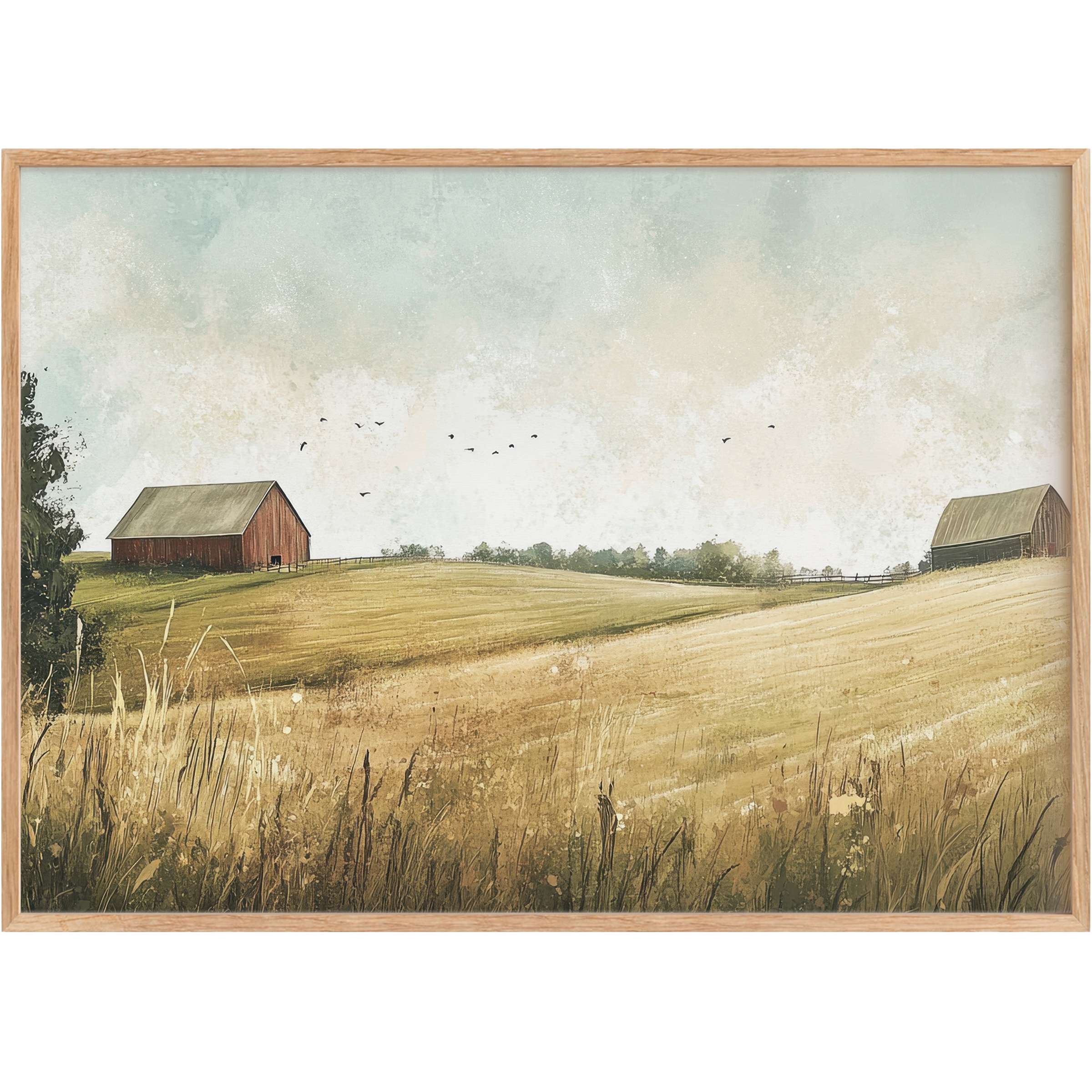 Serene landscape printable wall art with soft golden fields and rustic barns, evoking calm warmth and timeless elegance