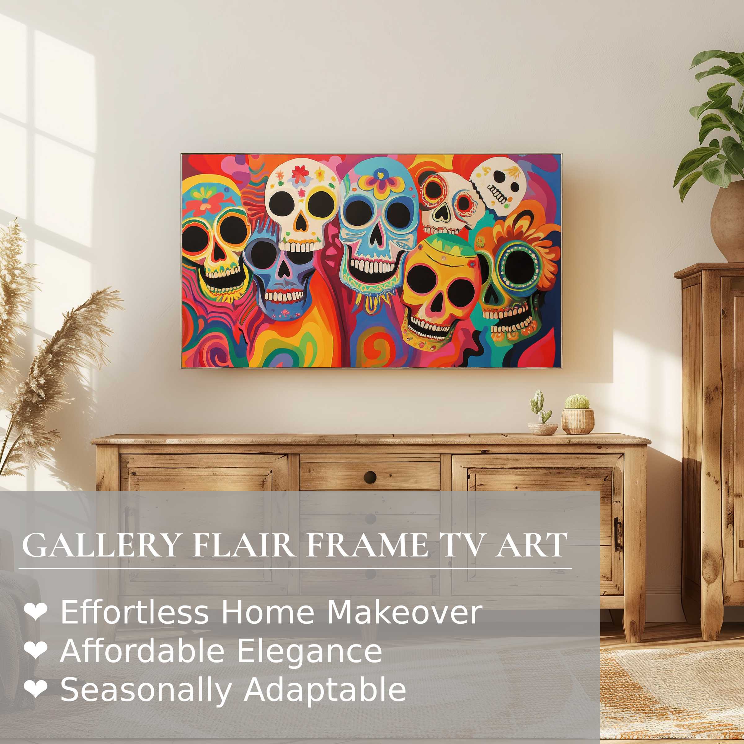 Modern living room featuring a vibrant pop art digital artwork on Samsung Frame TV with colorful skull motifs