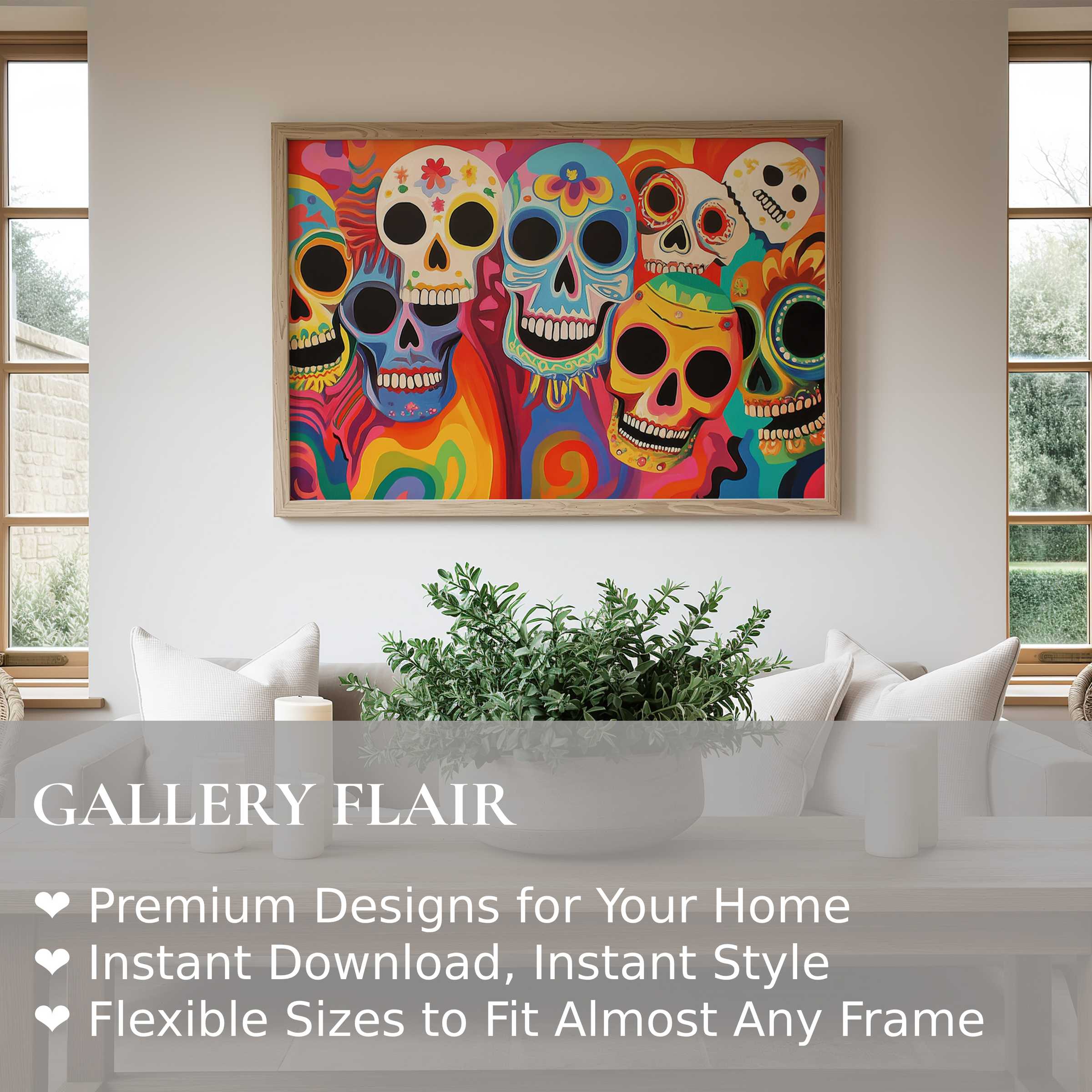 Vibrant pop art wall art print featuring colorful, expressive skulls energizes a sleek, minimalist living room with bold contemporary flair