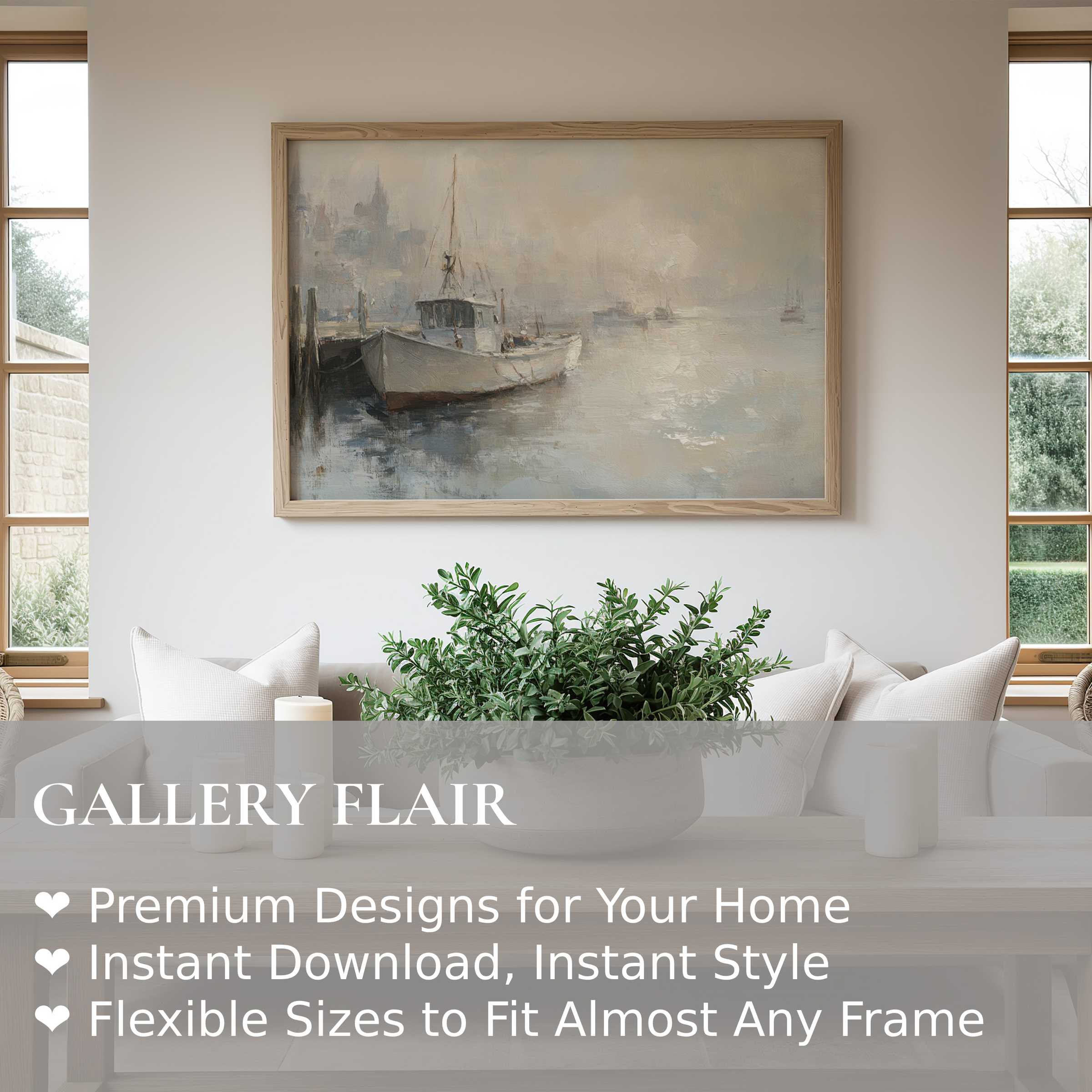 Coastal wall art print featuring a serene boat scene in muted tones, enhancing modern rustic interiors with calming, elegant charm