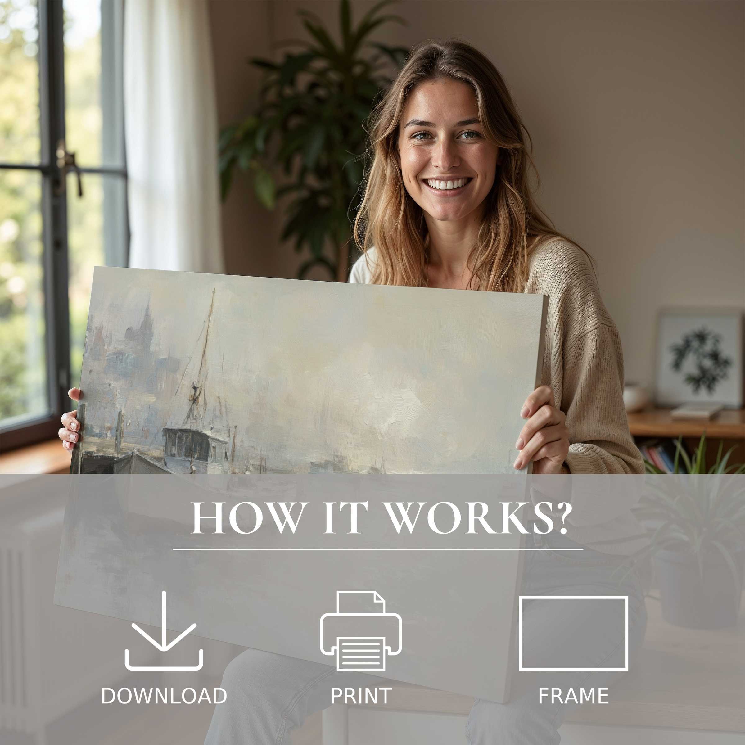 A coastal digital art print radiates calm and connection as it is embraced in a sunlit, stylish home, inspiring joy and serene elegance