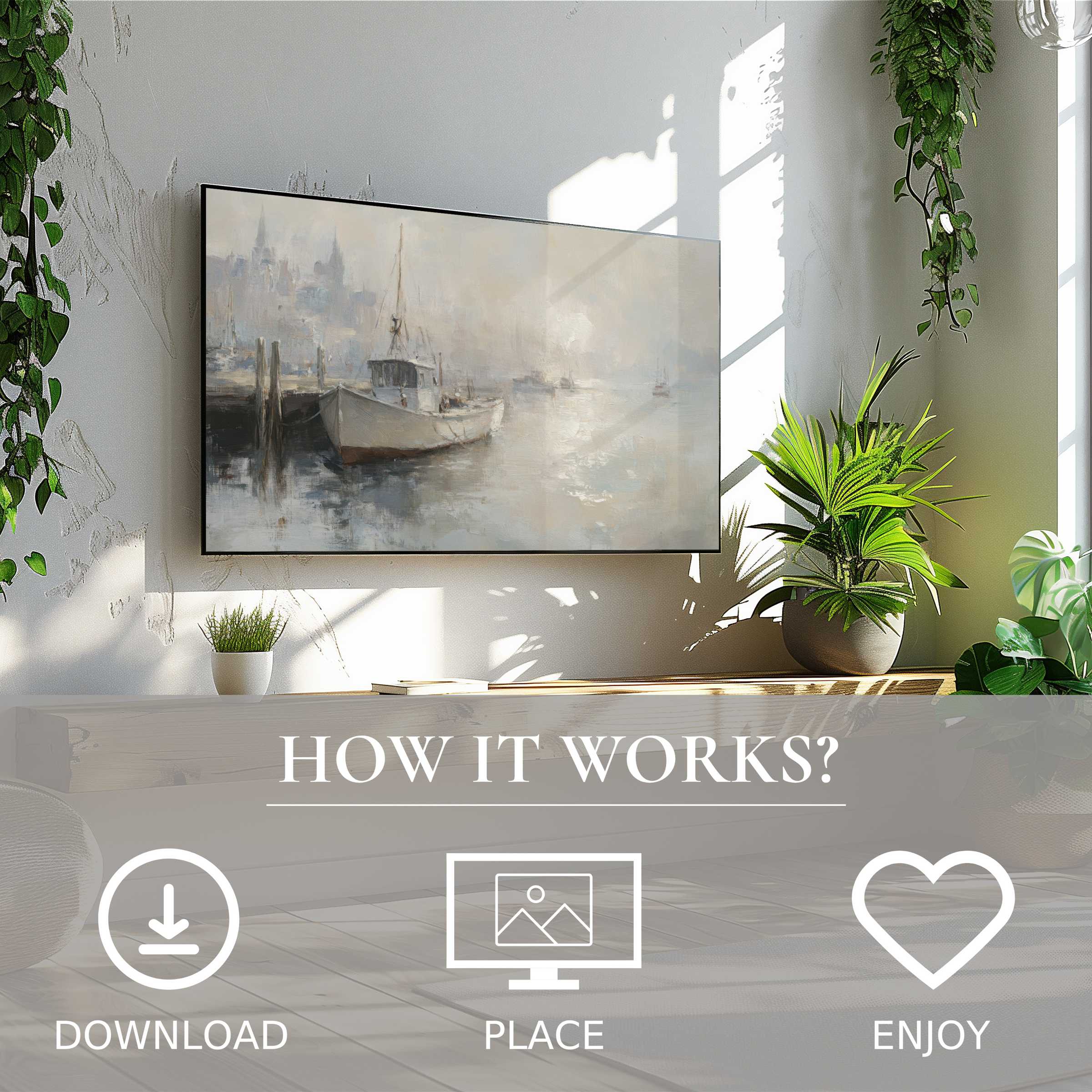 Coastal art for Samsung TV showing misty harbor tones, easy digital download enriches light-filled modern living spaces
