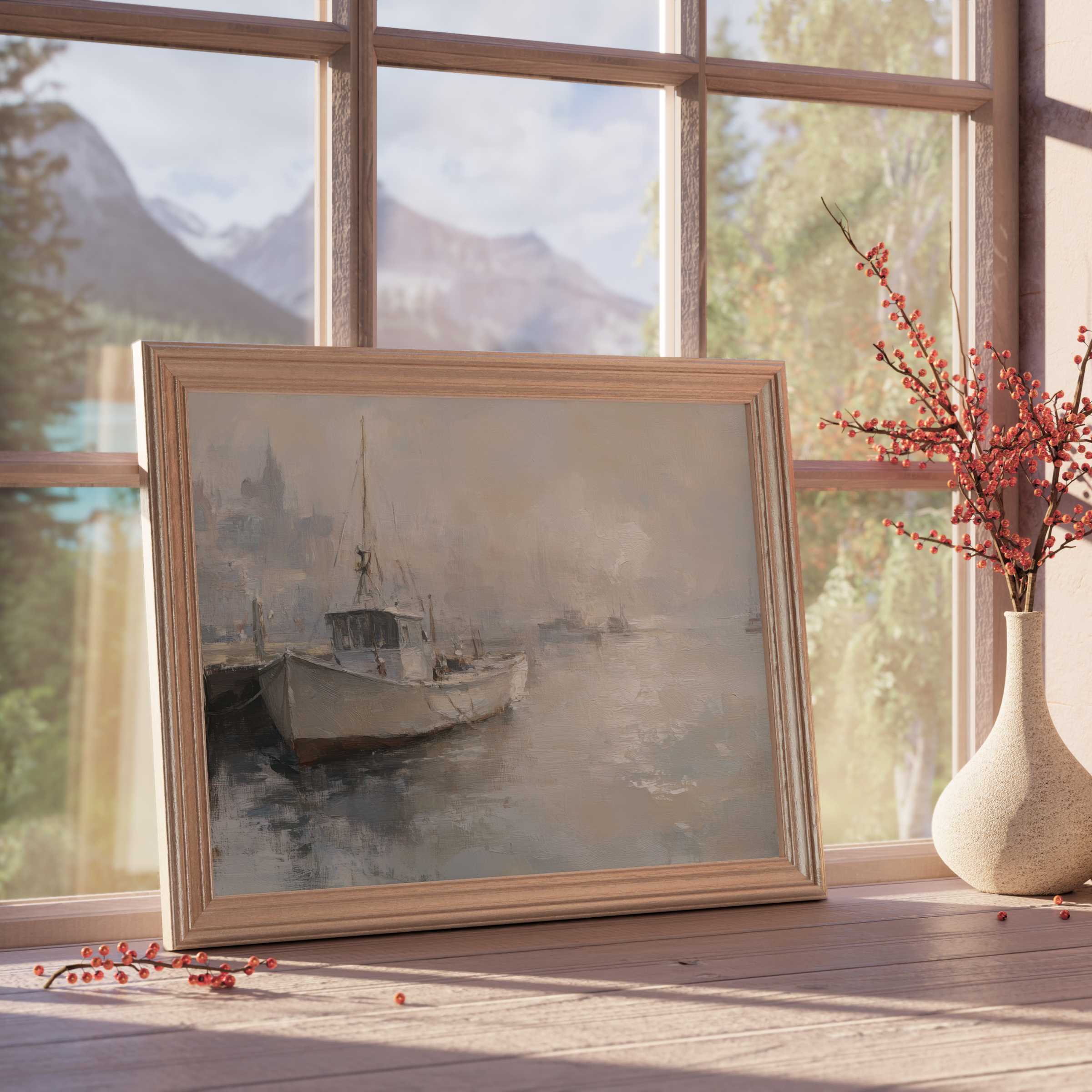 Coastal downloadable art capturing serene harbor mornings with soft light, perfect for elegant, tranquil interior design
