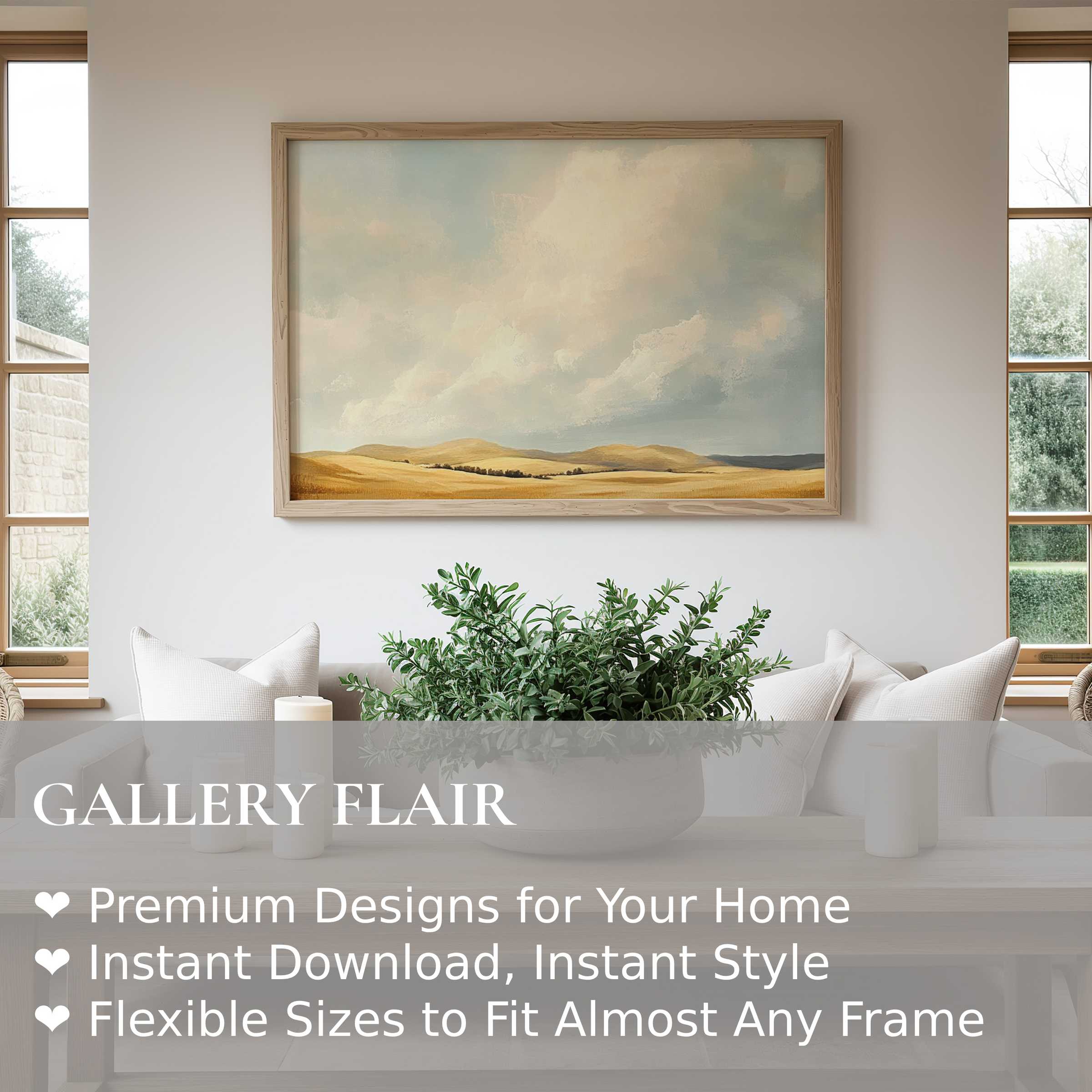 Serene farmhouse wall art print featuring soft golden fields and a calming sky, enhancing modern rustic interiors with warm, natural elegance