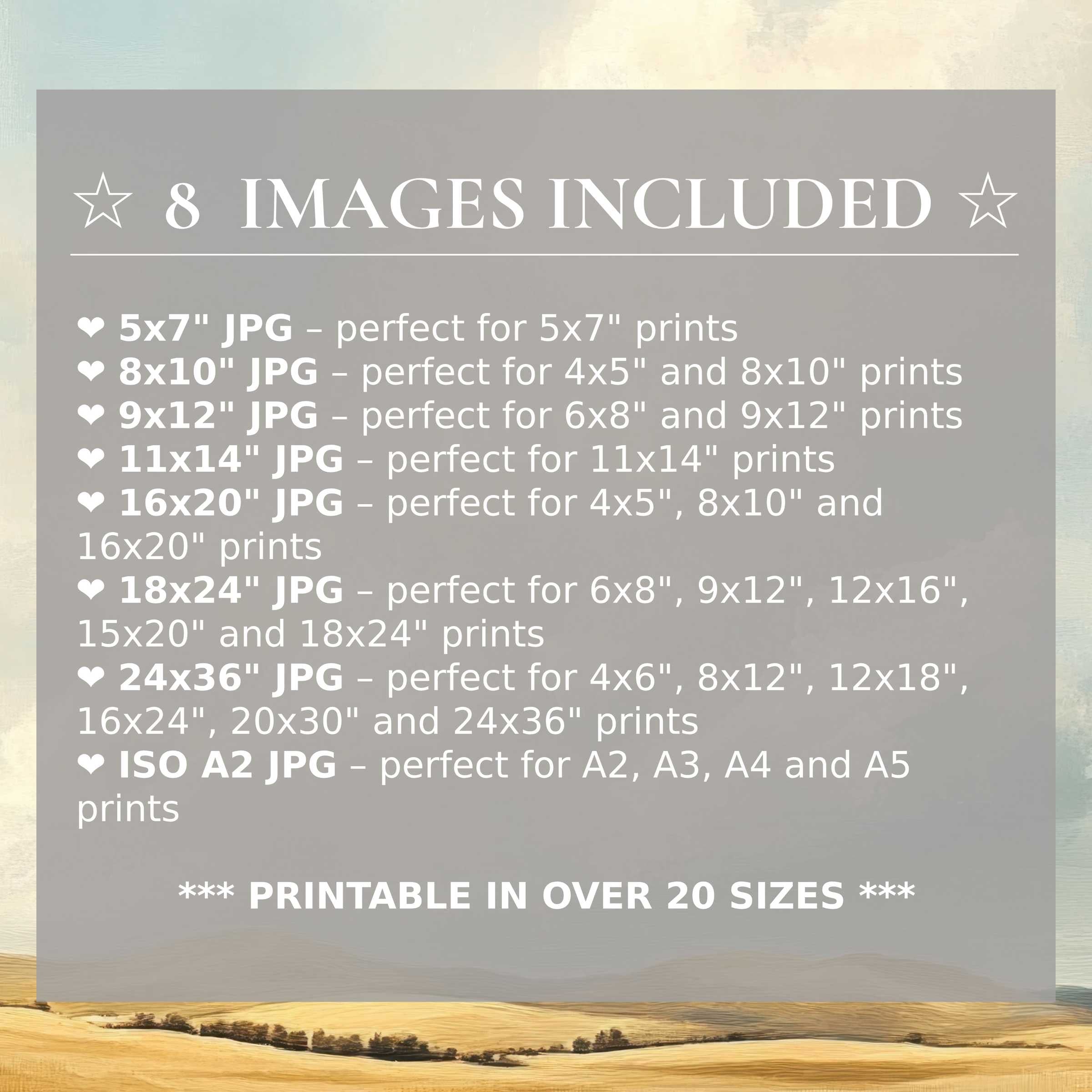 Farmhouse digital print radiates warm neutrals and soft blues, enhancing modern interiors with 8 high-quality sizes included