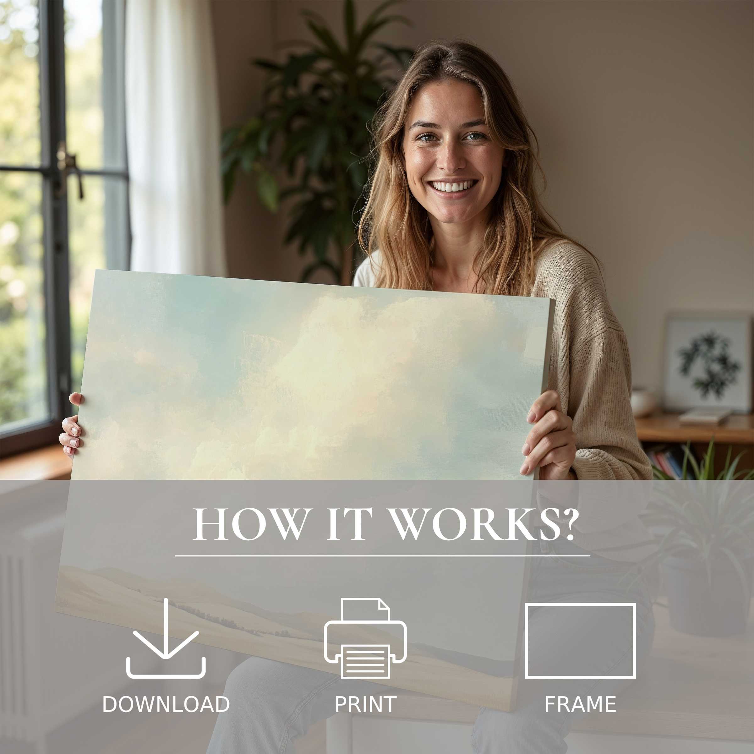 Woman joyfully showcasing a farmhouse digital art print in a sunlit, modern home, embodying warmth and effortless elegance