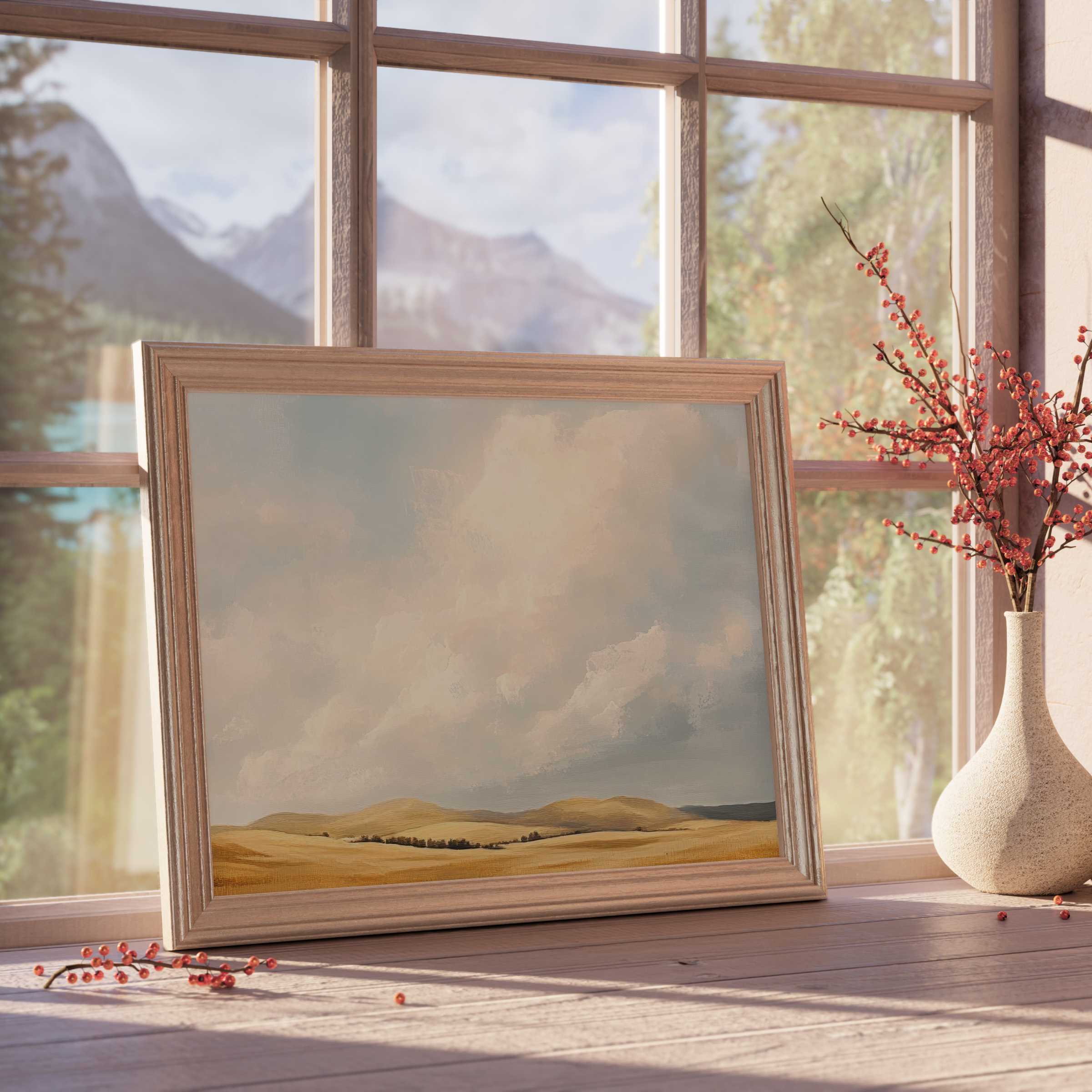 Farmhouse downloadable art with serene golden fields and soft clouds, elevating tranquil, design-forward interiors with warm rustic charm