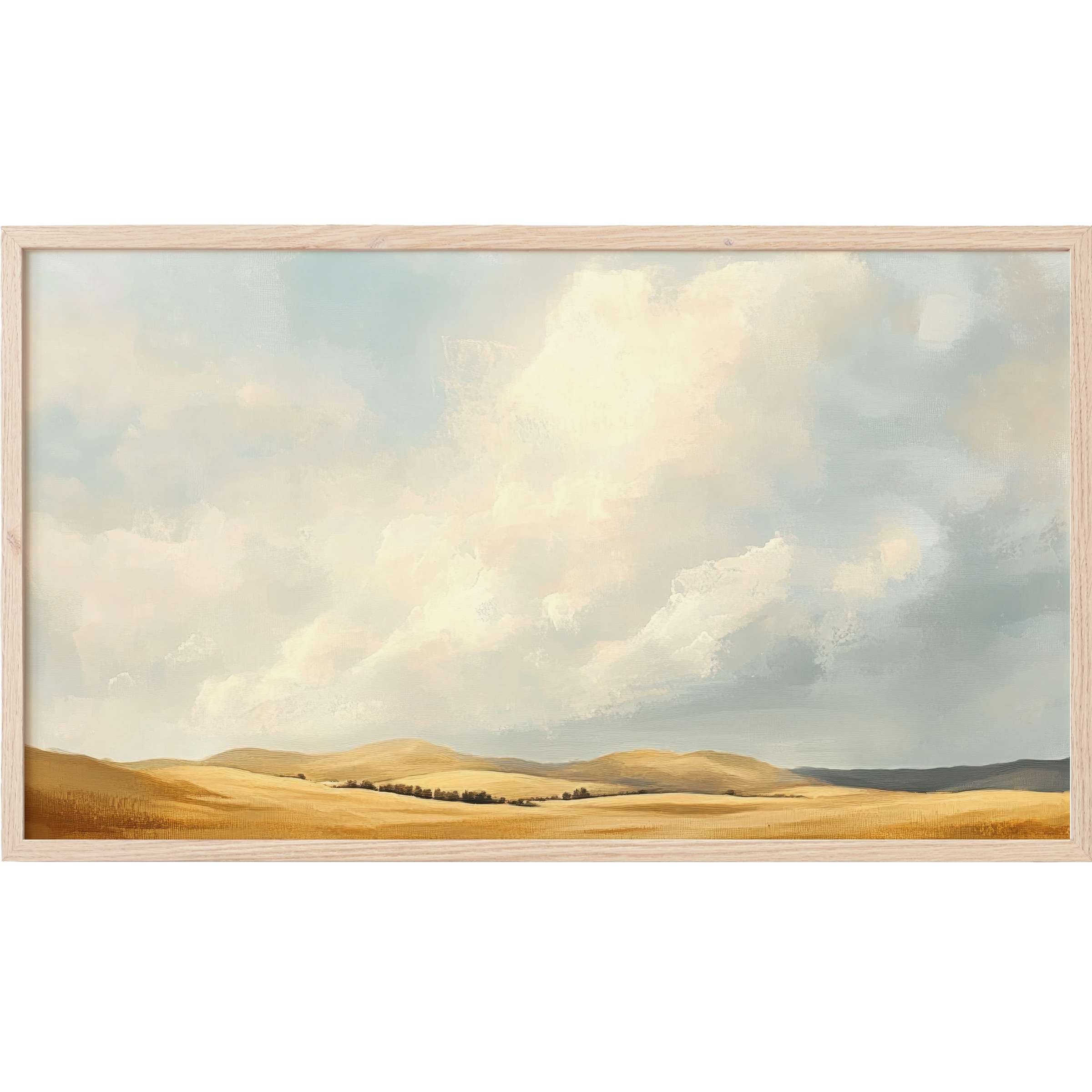 Soft beige and blue tones depict rolling hills under a glowing sky in this elegant Farmhouse Frame TV Art