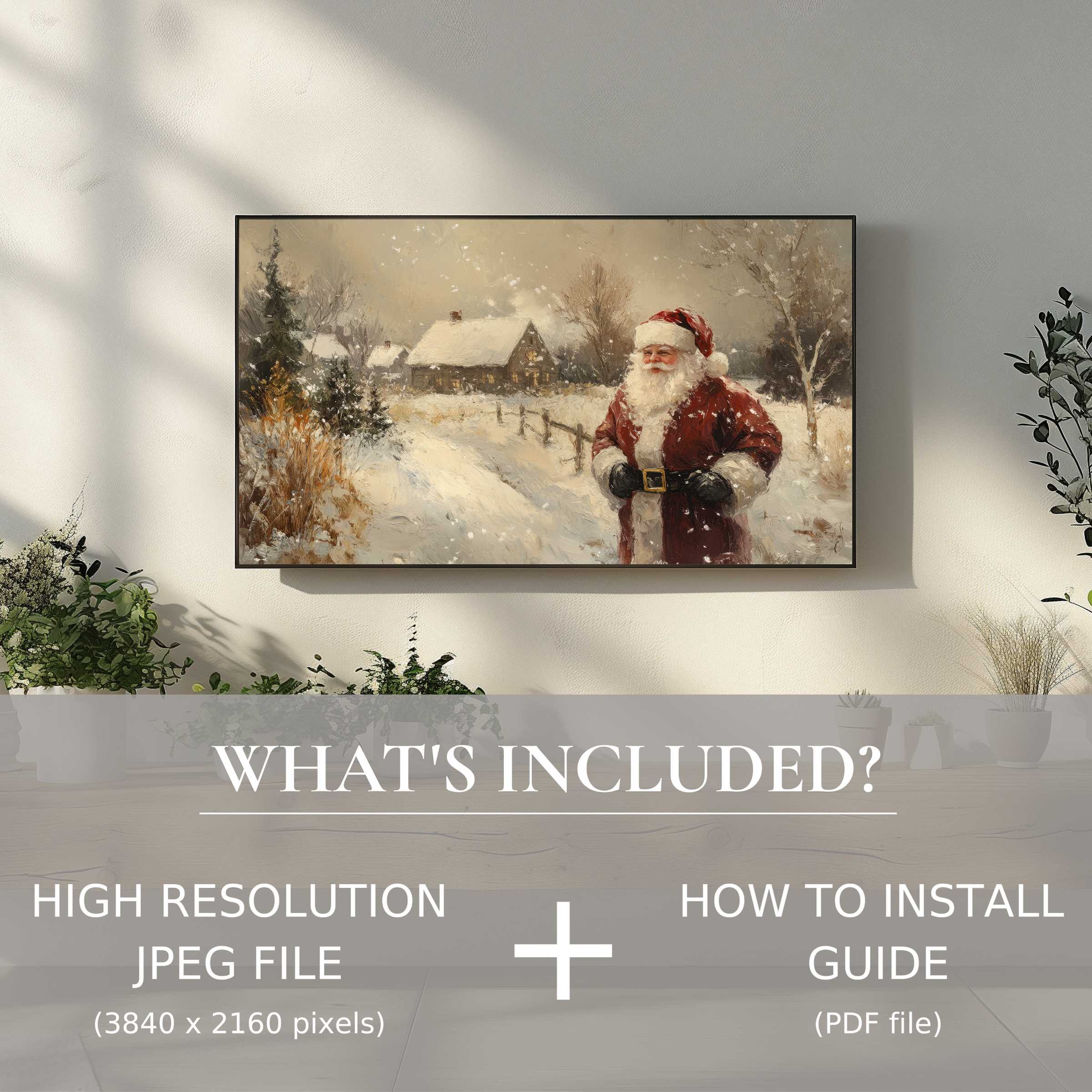 Elegant christmas digital TV art download featuring Santa enriches your space with easy, stylish digital decor