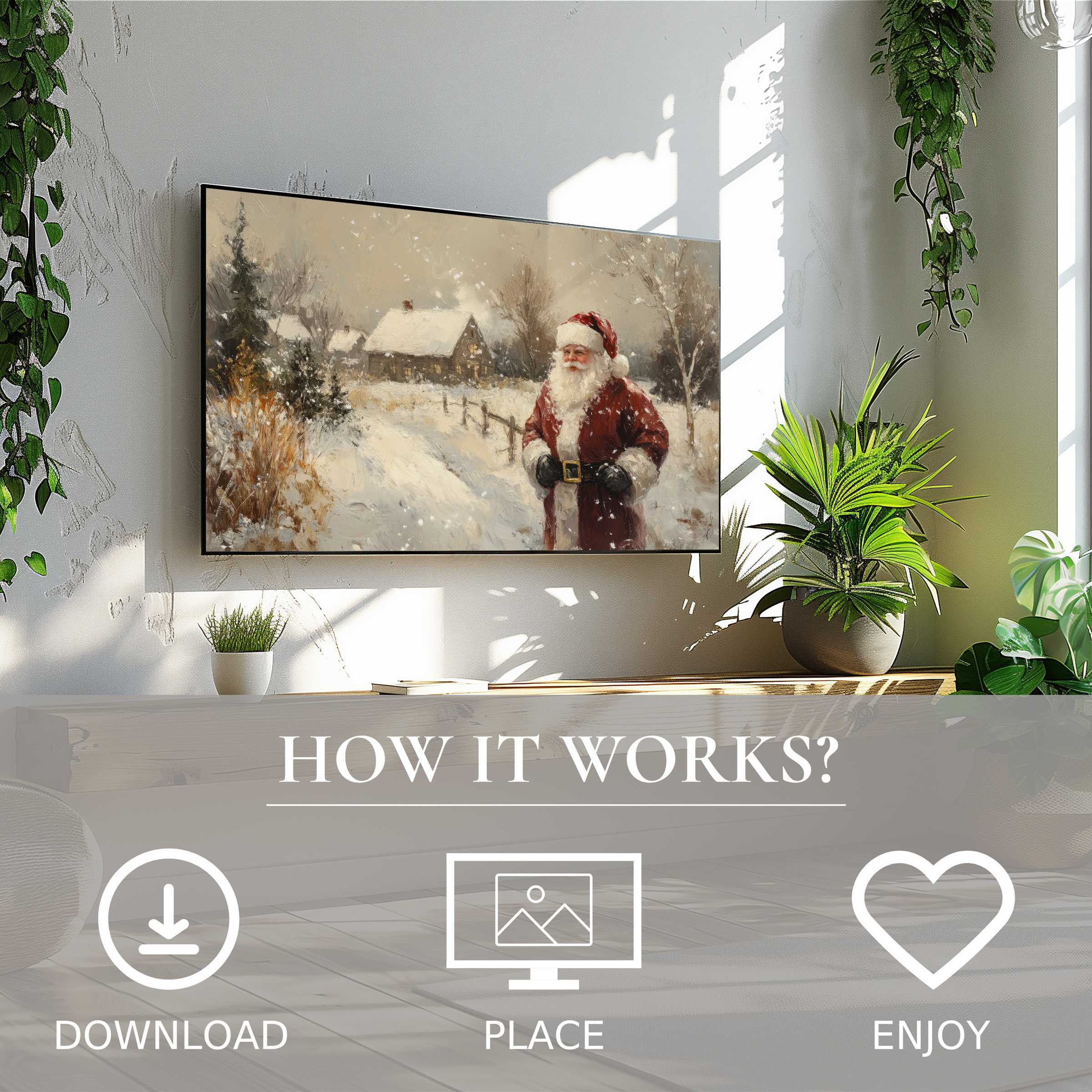 Modern living room with lush plants showcasing Christmas art for Samsung TV; vintage Santa in soft snowy tones enriches space