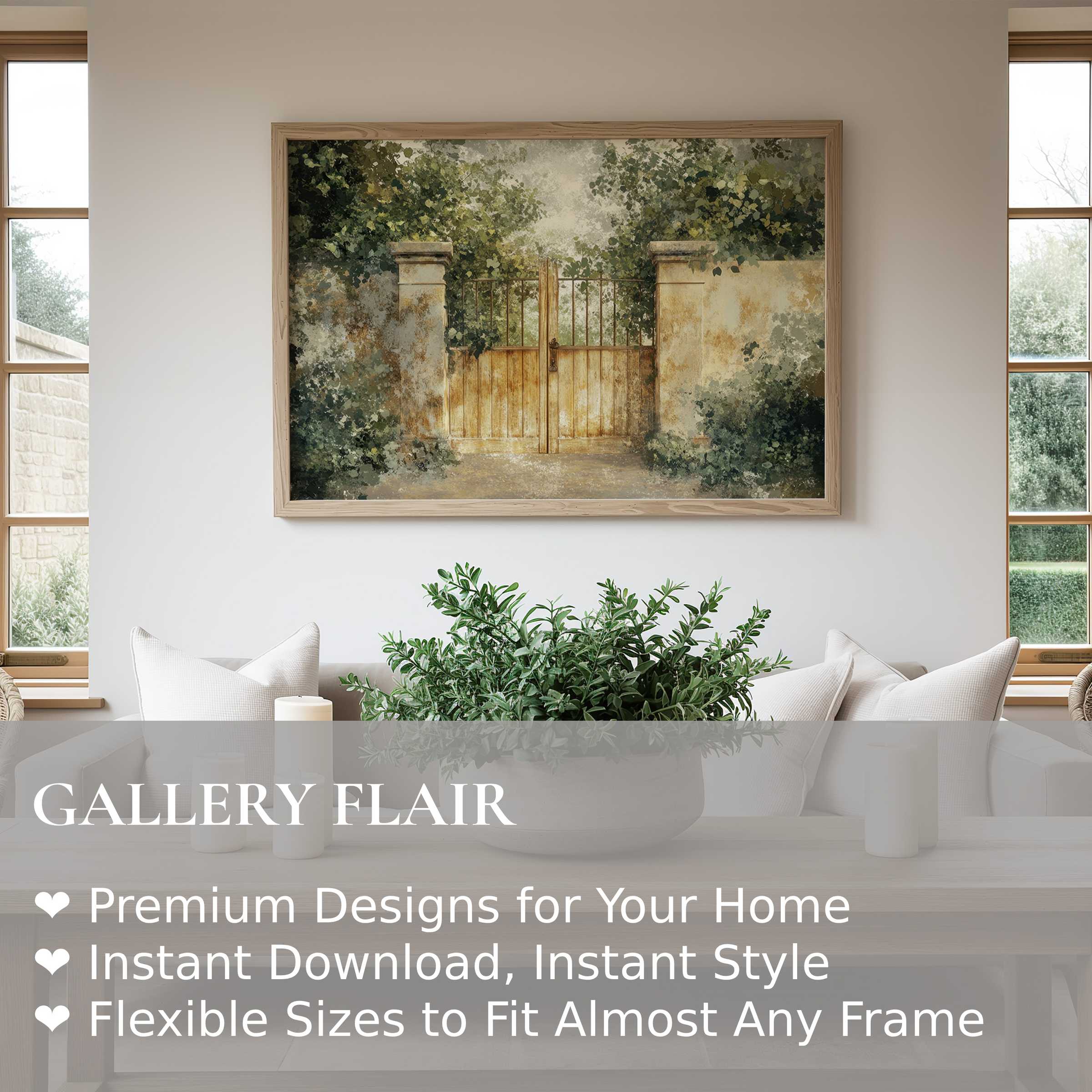 Spring wall art print capturing a serene garden gate in soft, earthy tones, enhancing modern rustic interiors with calming warmth