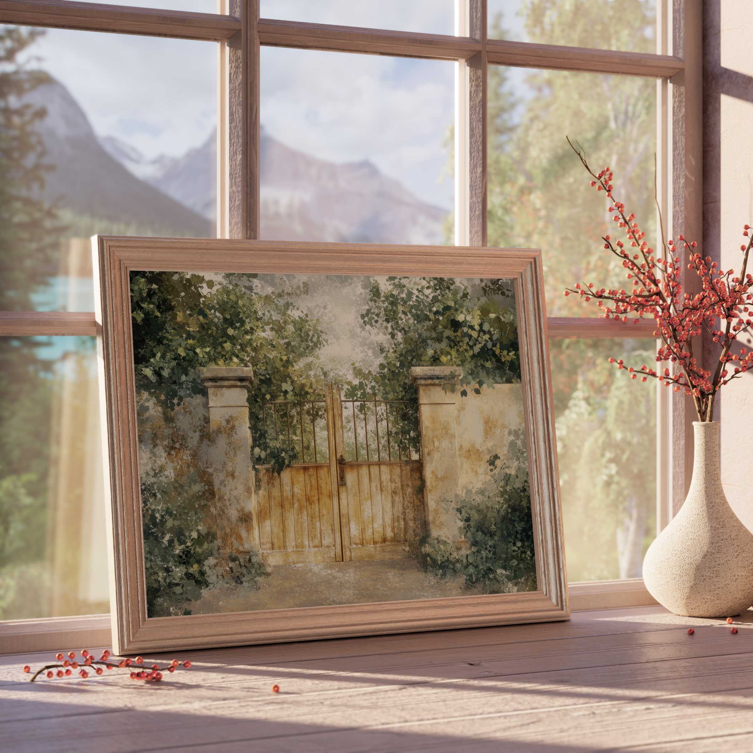 Spring downloadable art capturing an inviting rustic garden gate framed by lush greenery, perfect for calm, curated interiors