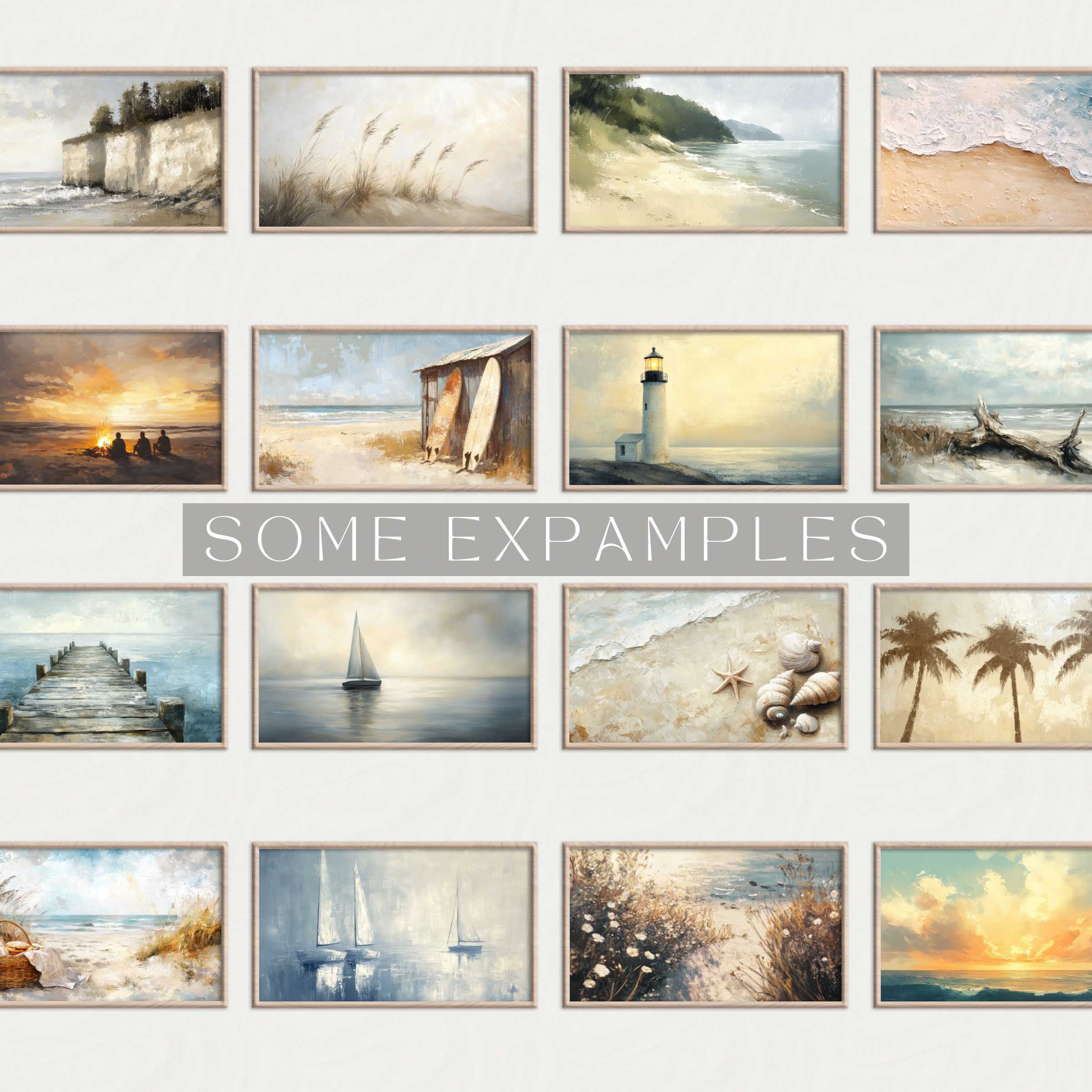 Coastal Wall Art Prints featuring serene beaches, lighthouses, sailboats, and natural seaside elements in a modern, stylish collection