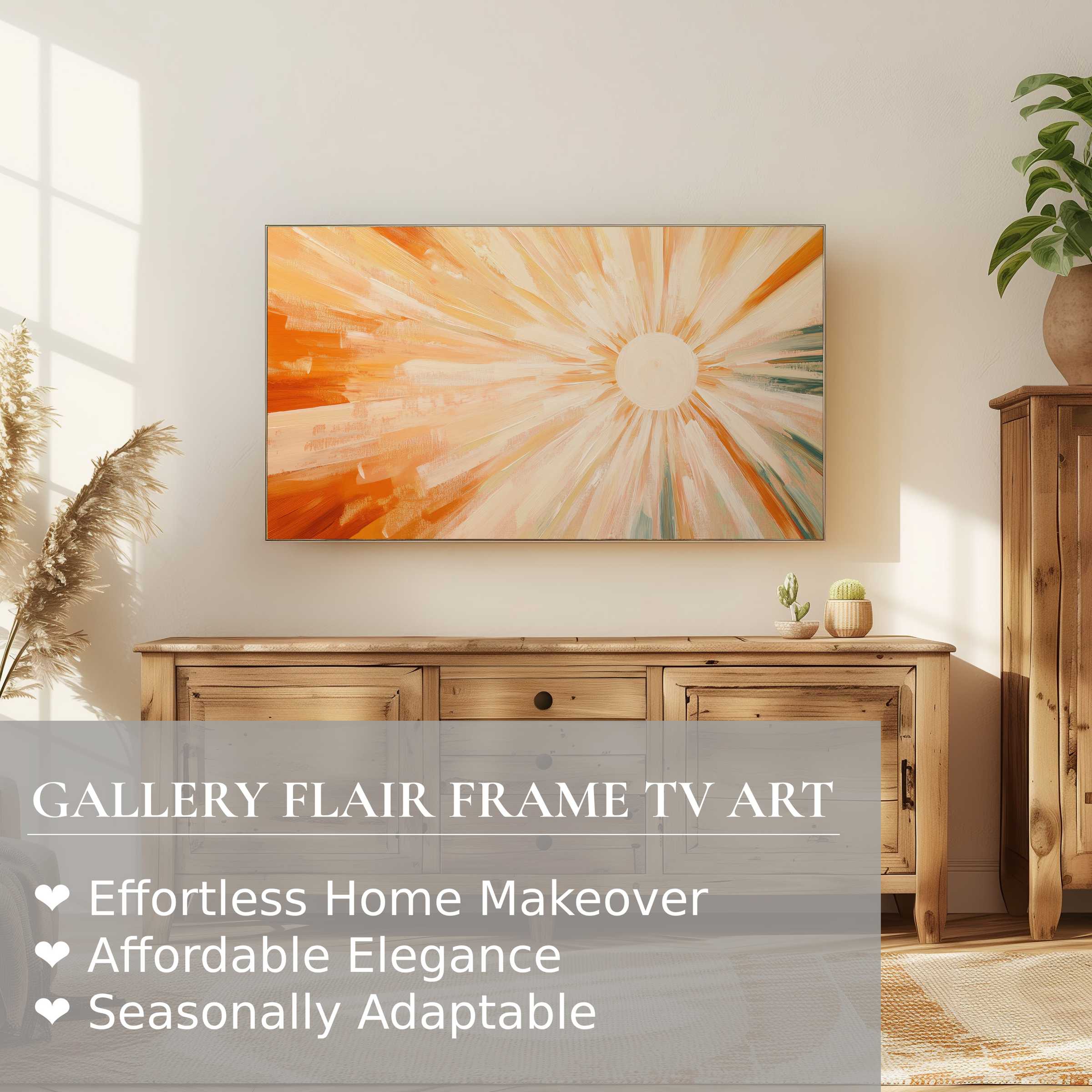 Samsung Frame TV showcasing boho digital artwork in warm tones, set in a chic, natural wood bohemian living space