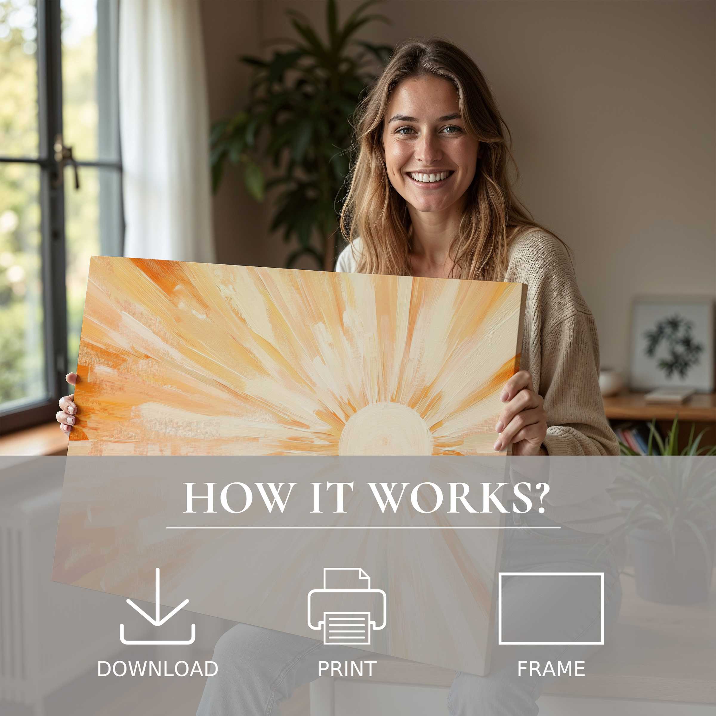 A radiant moment of joy and connection with boho digital art print, effortlessly bringing warmth and serenity to modern living spaces