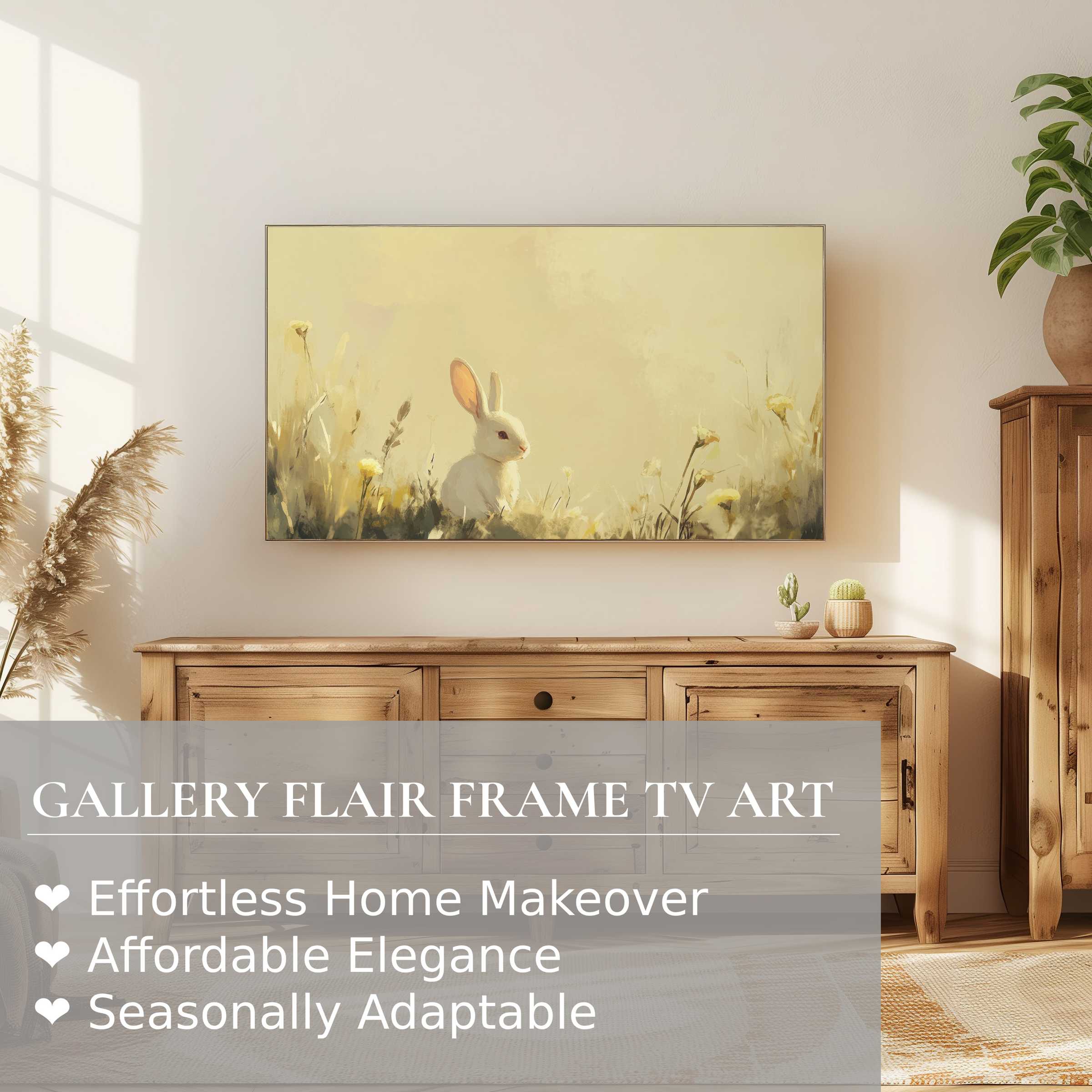 Elegant easter digital artwork of a bunny in soft hues, displayed on a Samsung Frame TV in a modern natural setting