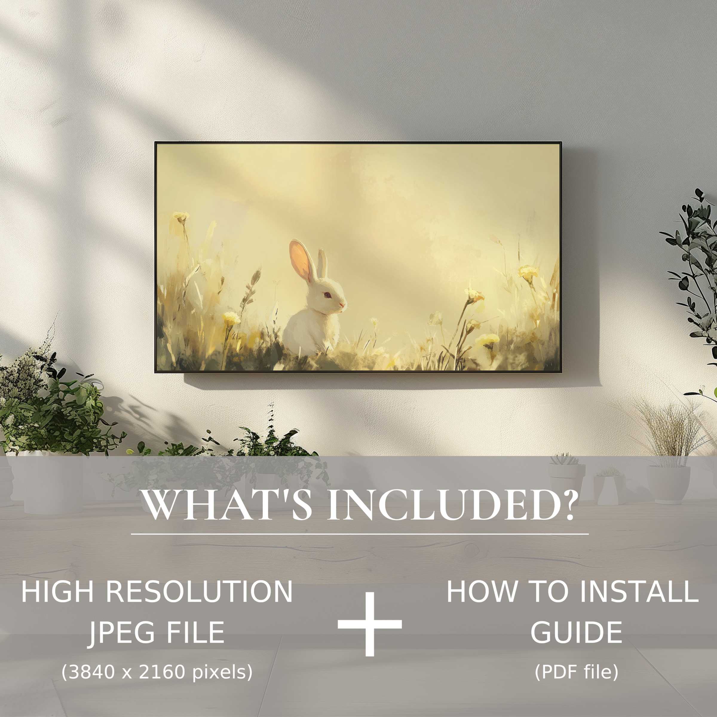 Elegant easter digital TV art download with easy digital use, enhancing stylish living spaces with warm, serene bunny artwork