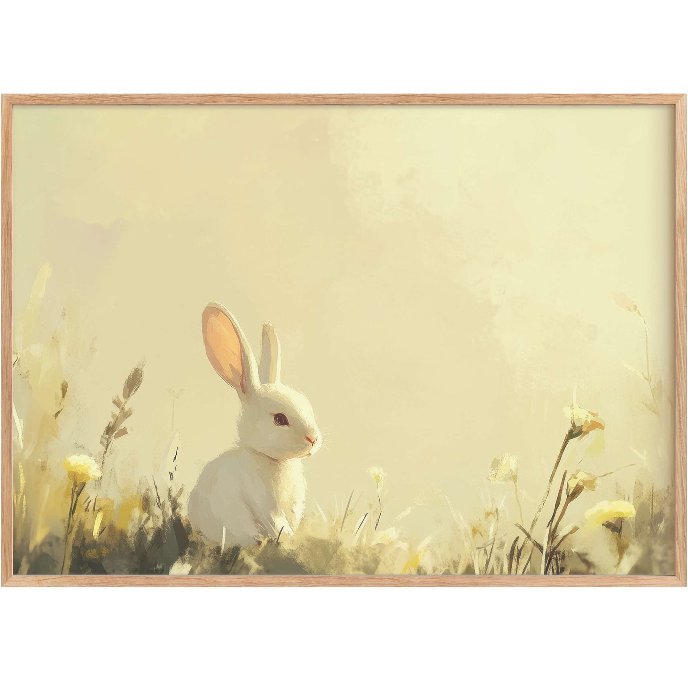 Easter printable wall art featuring a serene white bunny amid soft yellow blooms, evoking warmth and gentle springtime calm