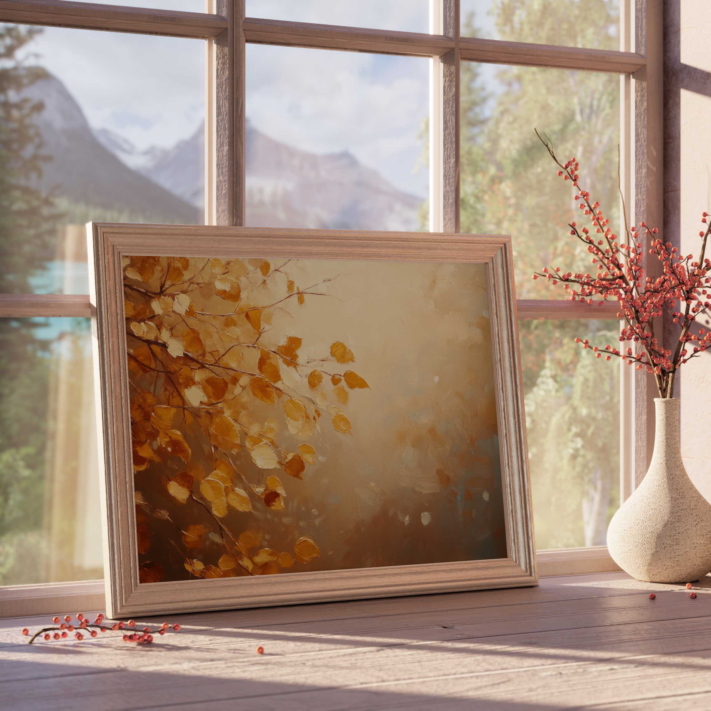 Warm fall downloadable art capturing golden autumn leaves with soft light, perfect for curated, tranquil, nature-inspired interiors
