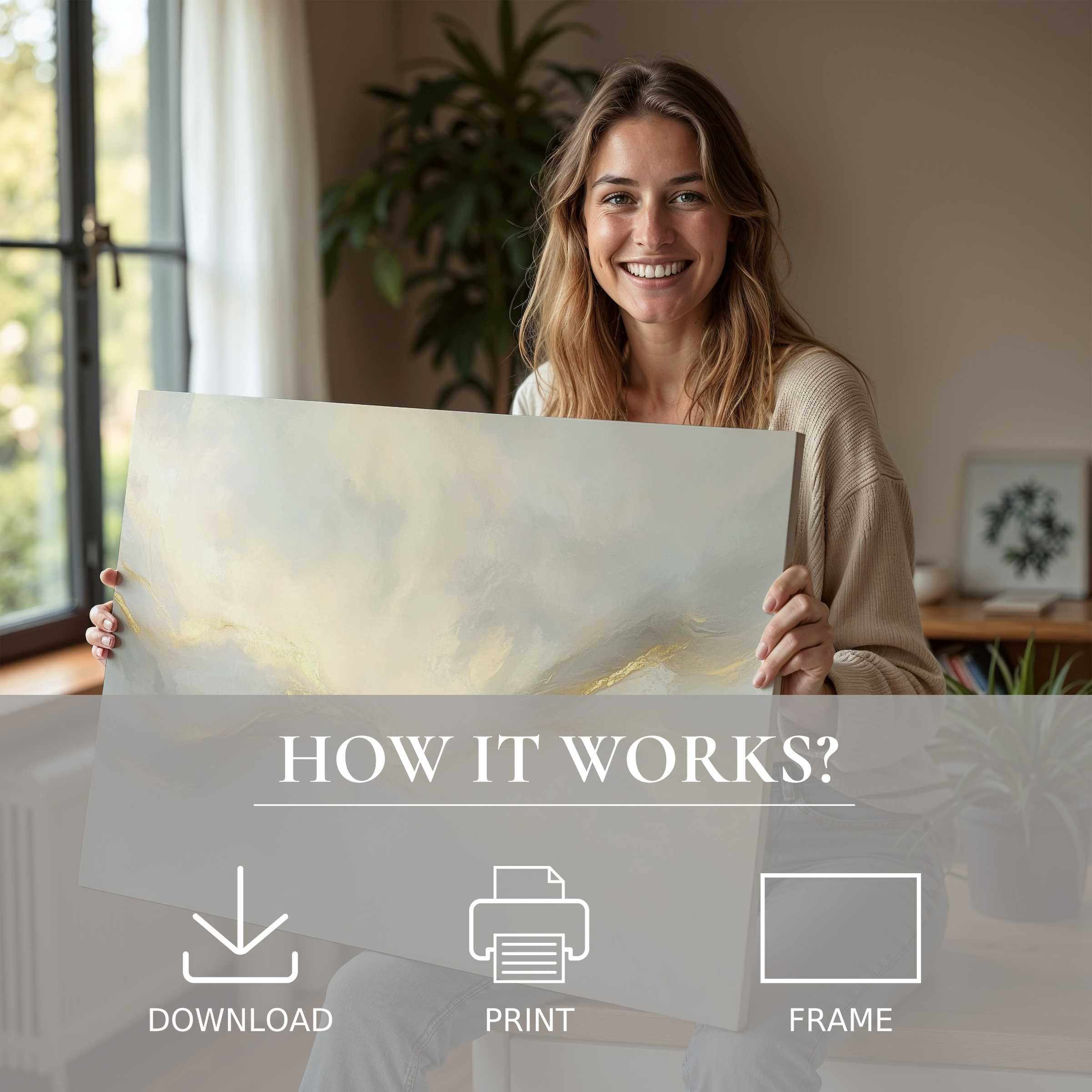 Elegant woman joyfully sharing a serene abstract digital art print, embodying the effortless beauty of art in refined living