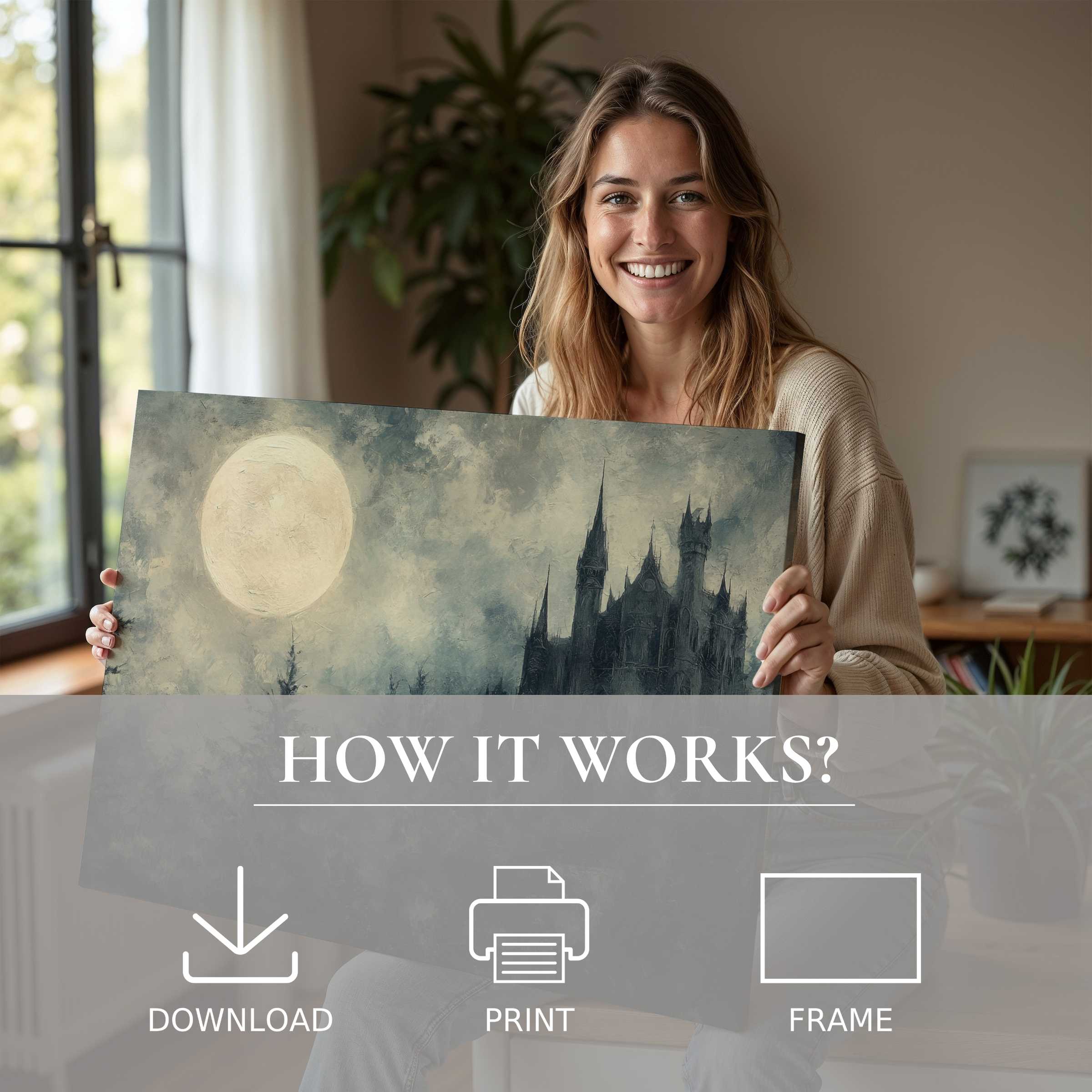 A serene moment in a modern home, where a woman connects joyfully with a Halloween digital art print’s haunting elegance