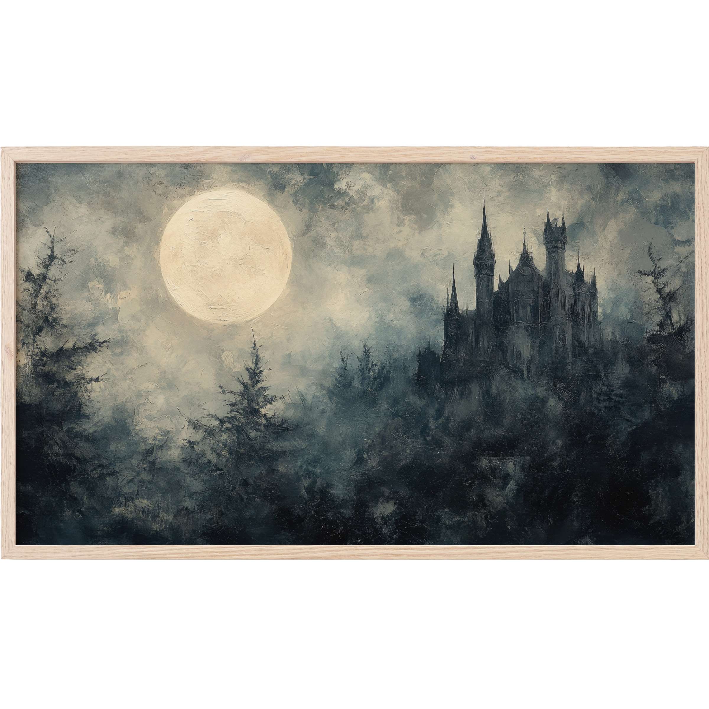 Haunting gothic castle silhouette beneath a glowing full moon in misty blues and grays, halloween Frame TV Art