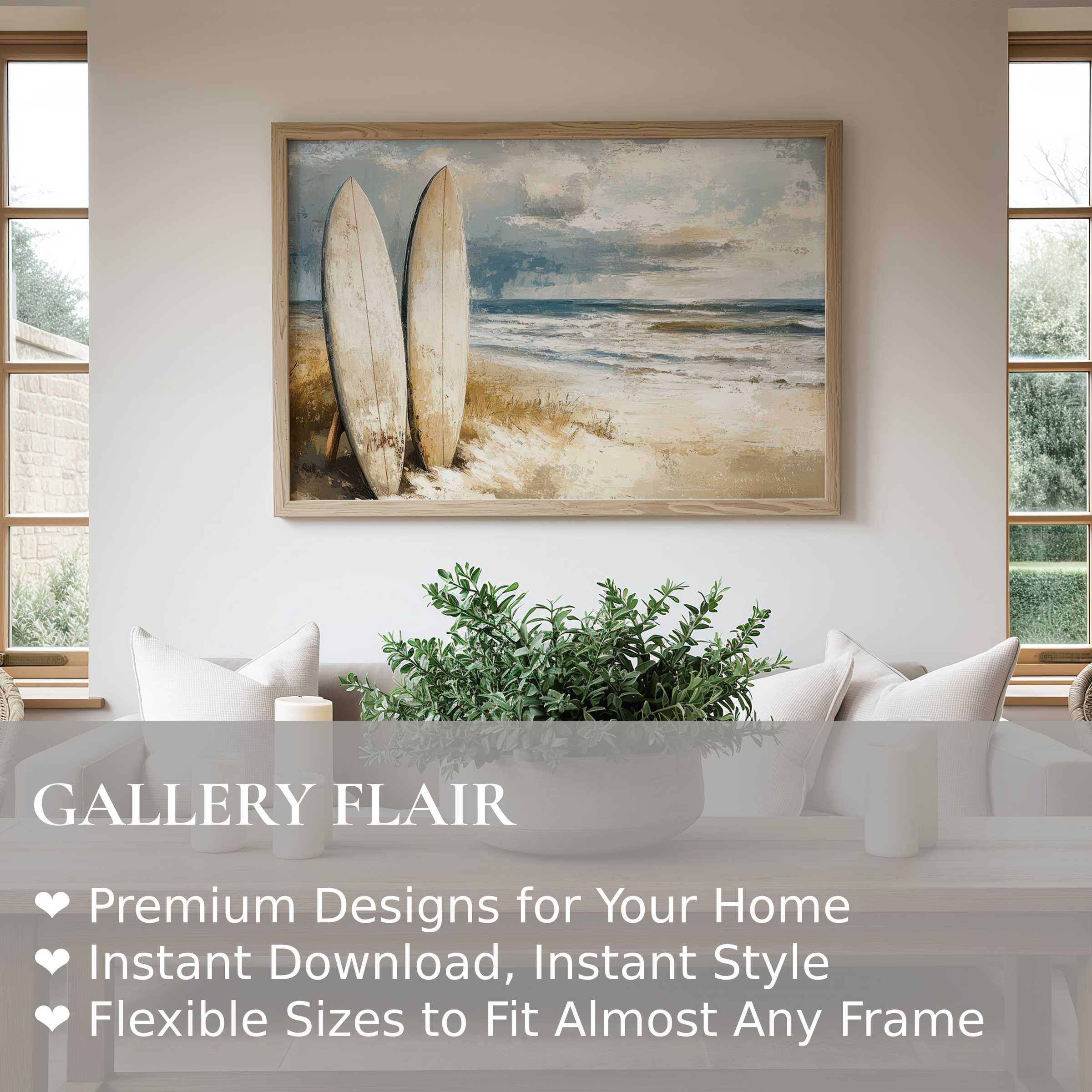 Serene beach wall art print featuring weathered surfboards and a soft, calming coastal scene, enhancing modern minimalist interiors
