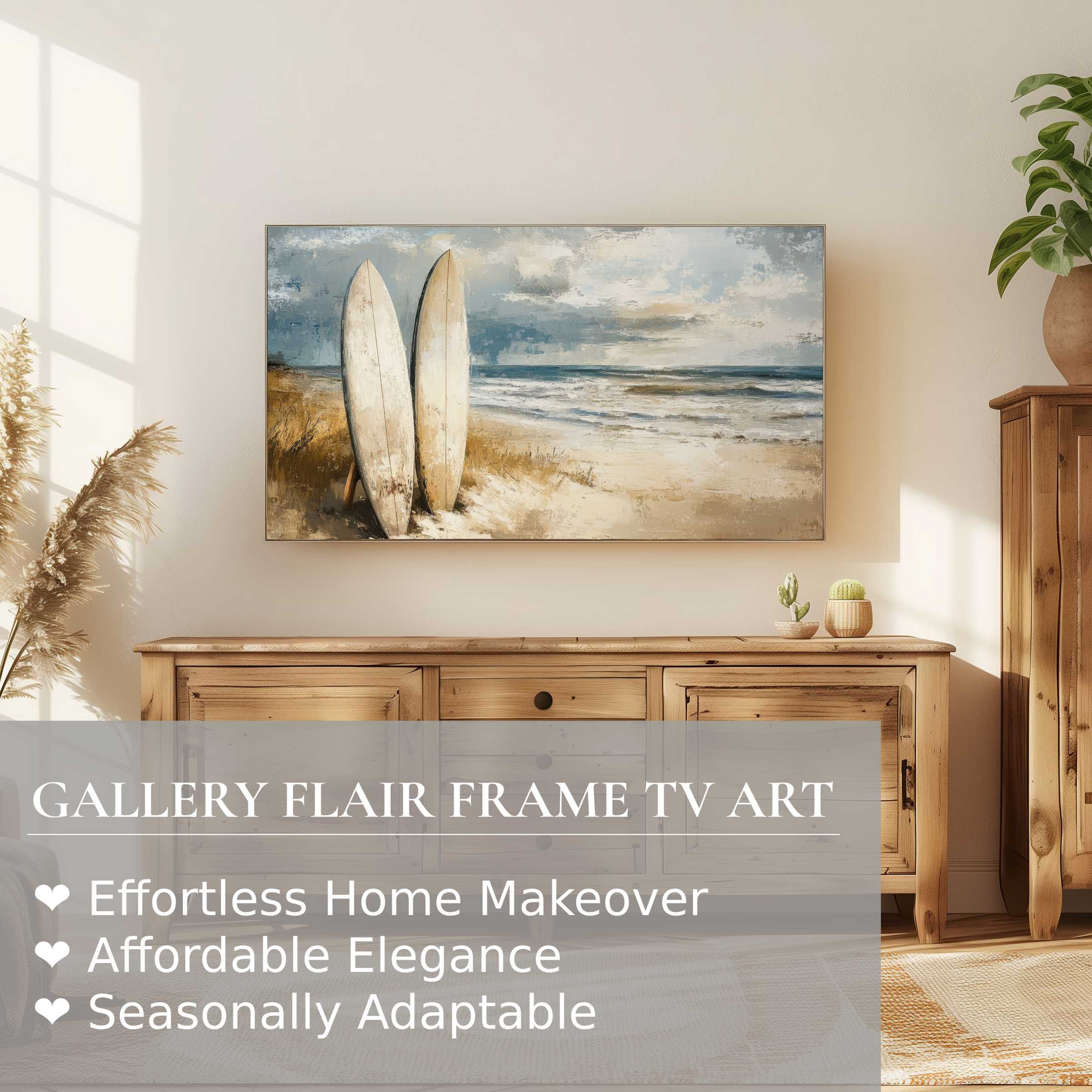 Samsung Frame TV displays serene beach digital artwork with muted tones in a modern, elegant home setting