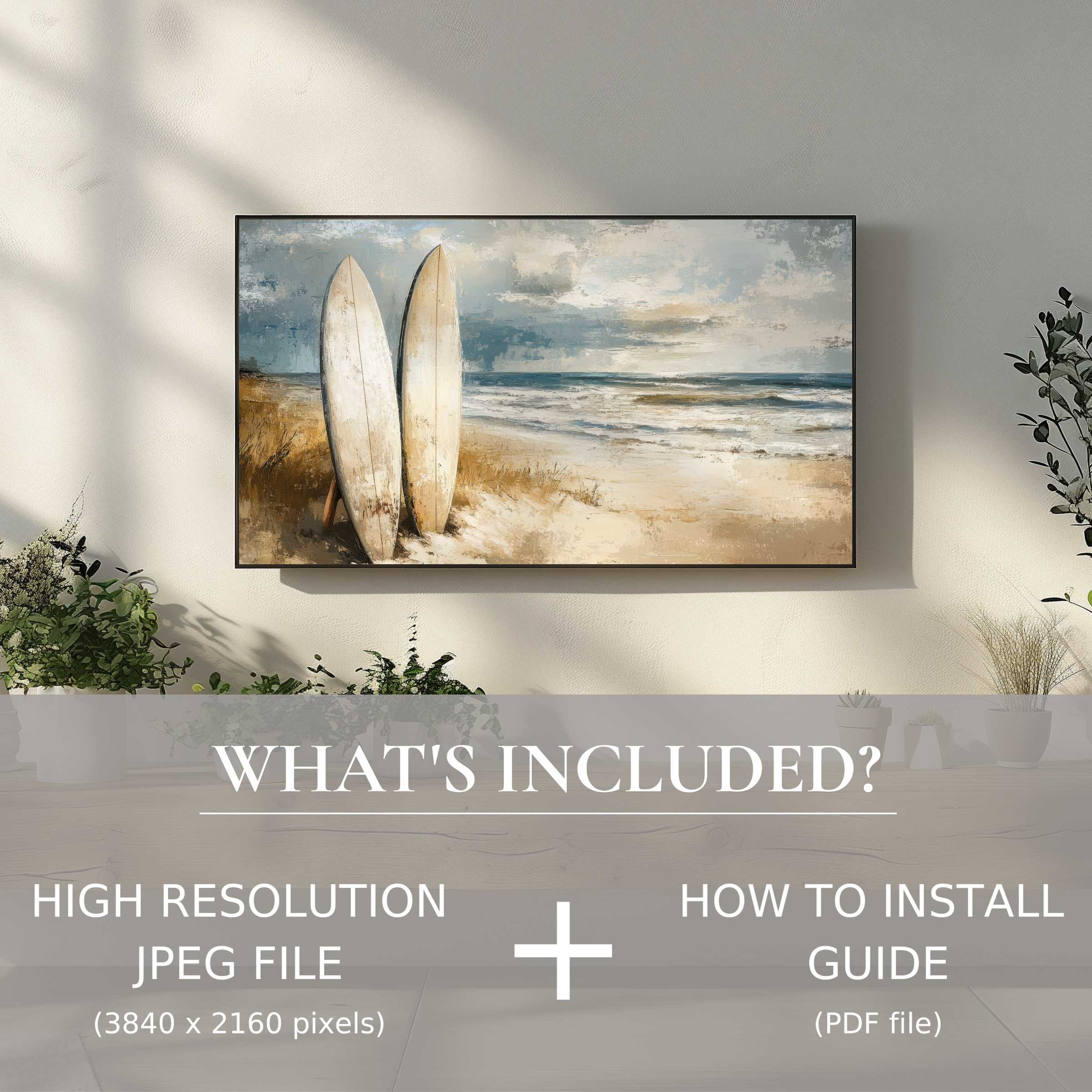 Elegant beach digital TV art download of surfboards enhances modern living spaces with easy, high-res digital use and installation