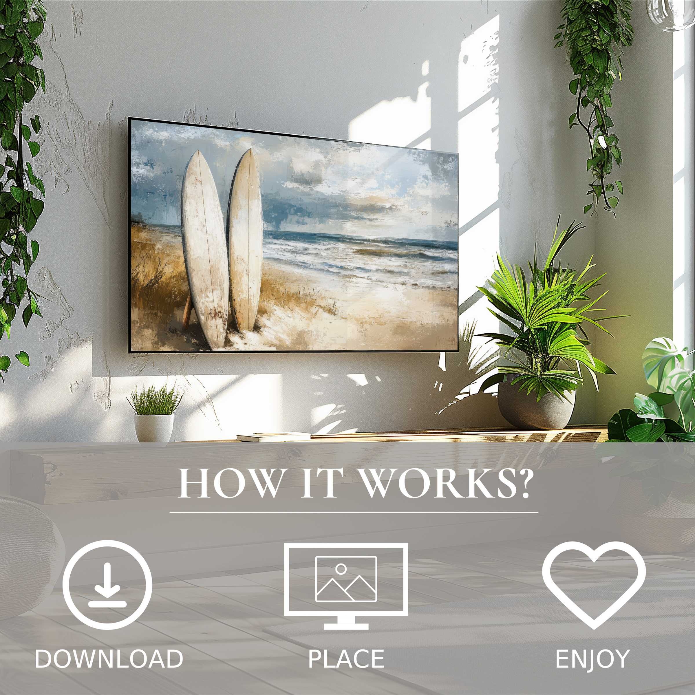 Modern living room with beach art for Samsung TV in soft sunset tones, easy digital download enhances space decor