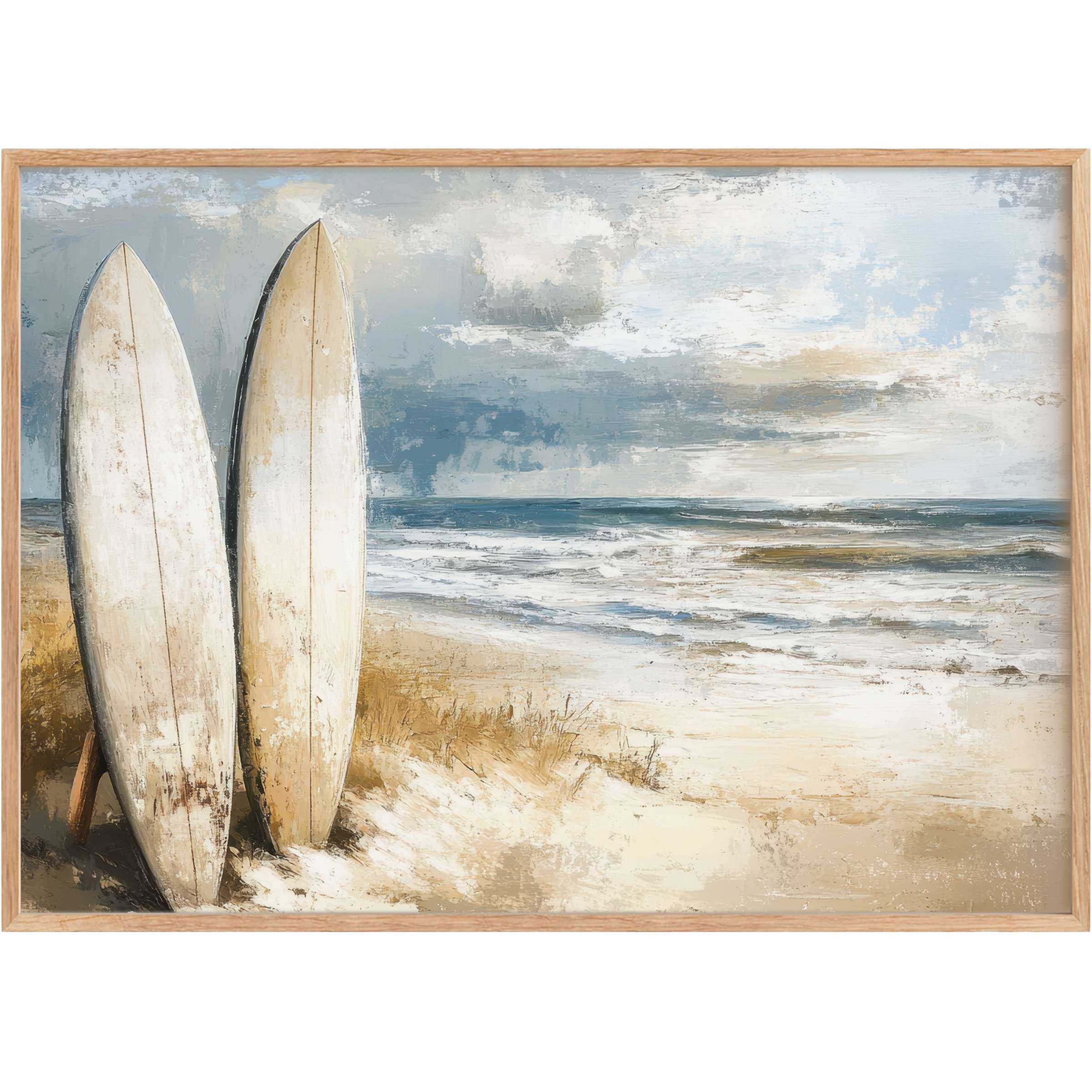 Beach printable wall art featuring serene surfboards on sandy dunes, evoking calming blues, warm tans, and a peaceful coastal escape