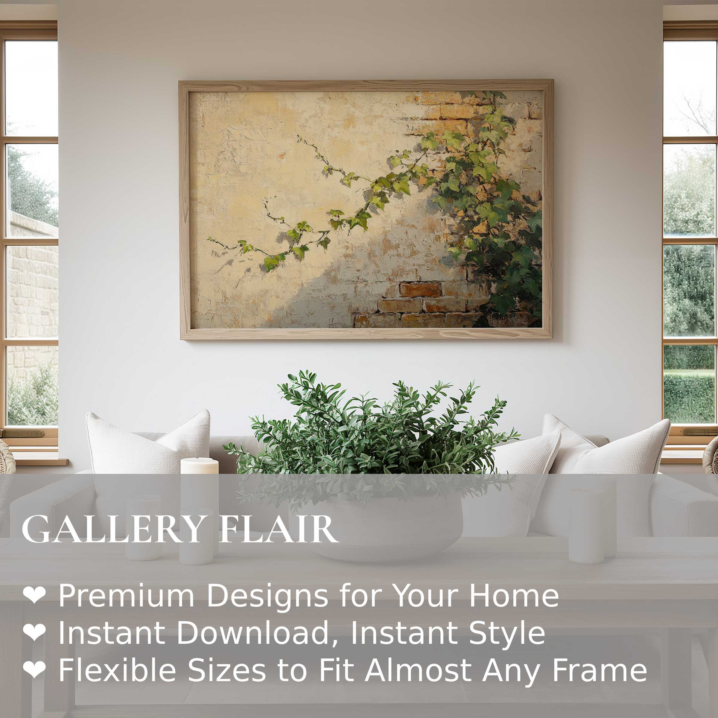 Botanical wall art print featuring textured ivy on rustic brick, radiating serene warmth in a modern minimalist living space