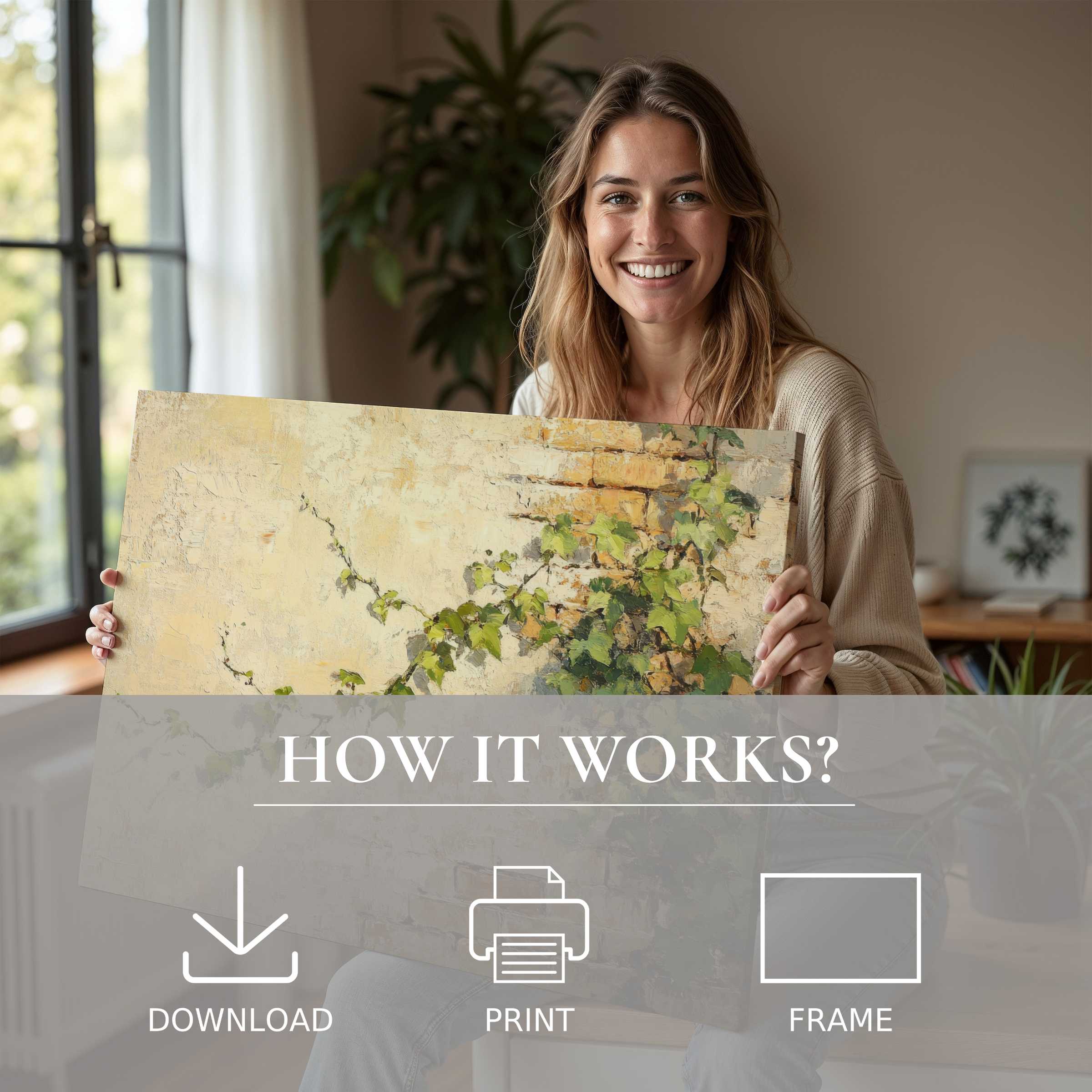 Botanical digital art print inspiring warmth and joy, embraced in a modern home’s serene, art-filled moment