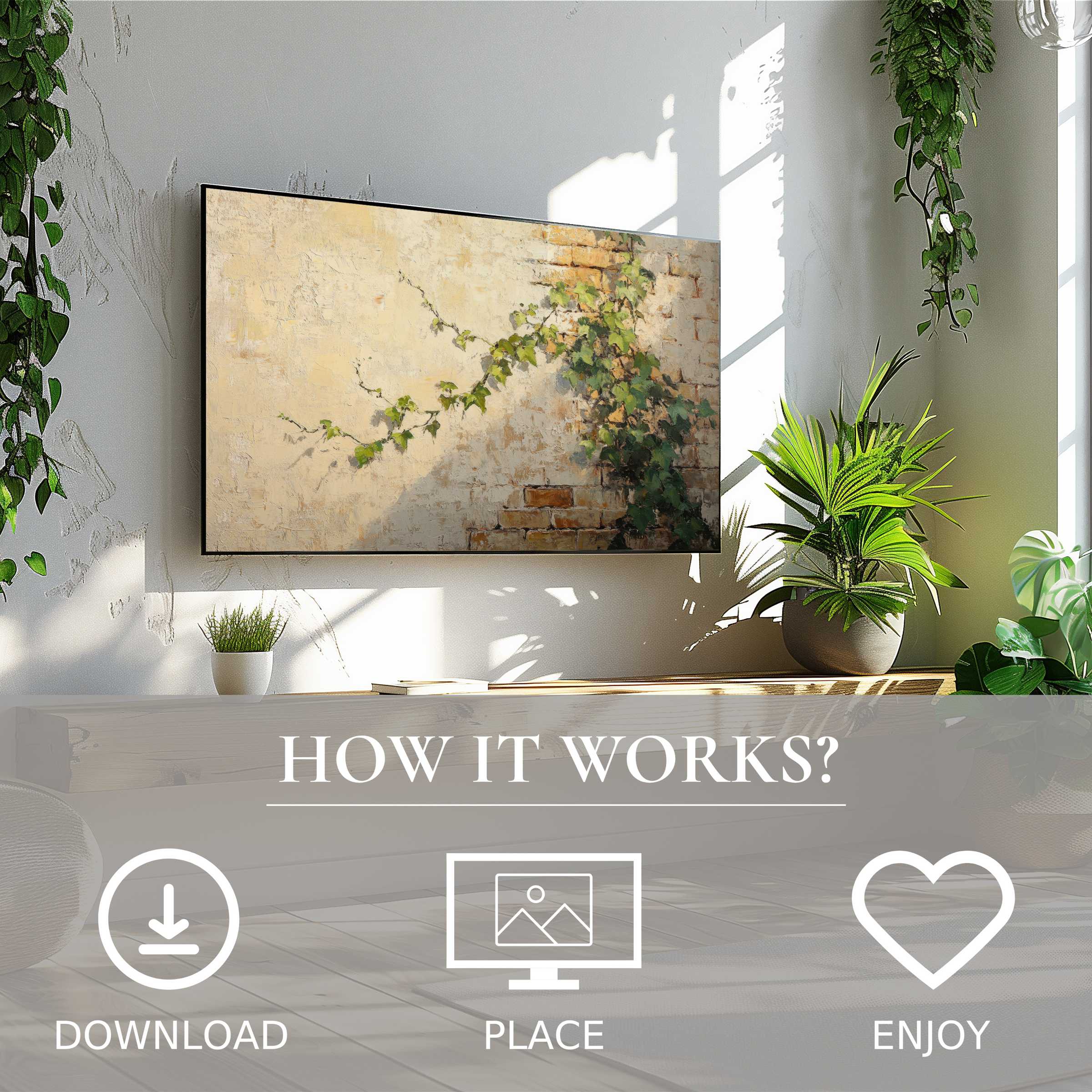Botanical art for Samsung TV shows soft sunset tones and ivy motif, easily downloaded to enrich modern living spaces